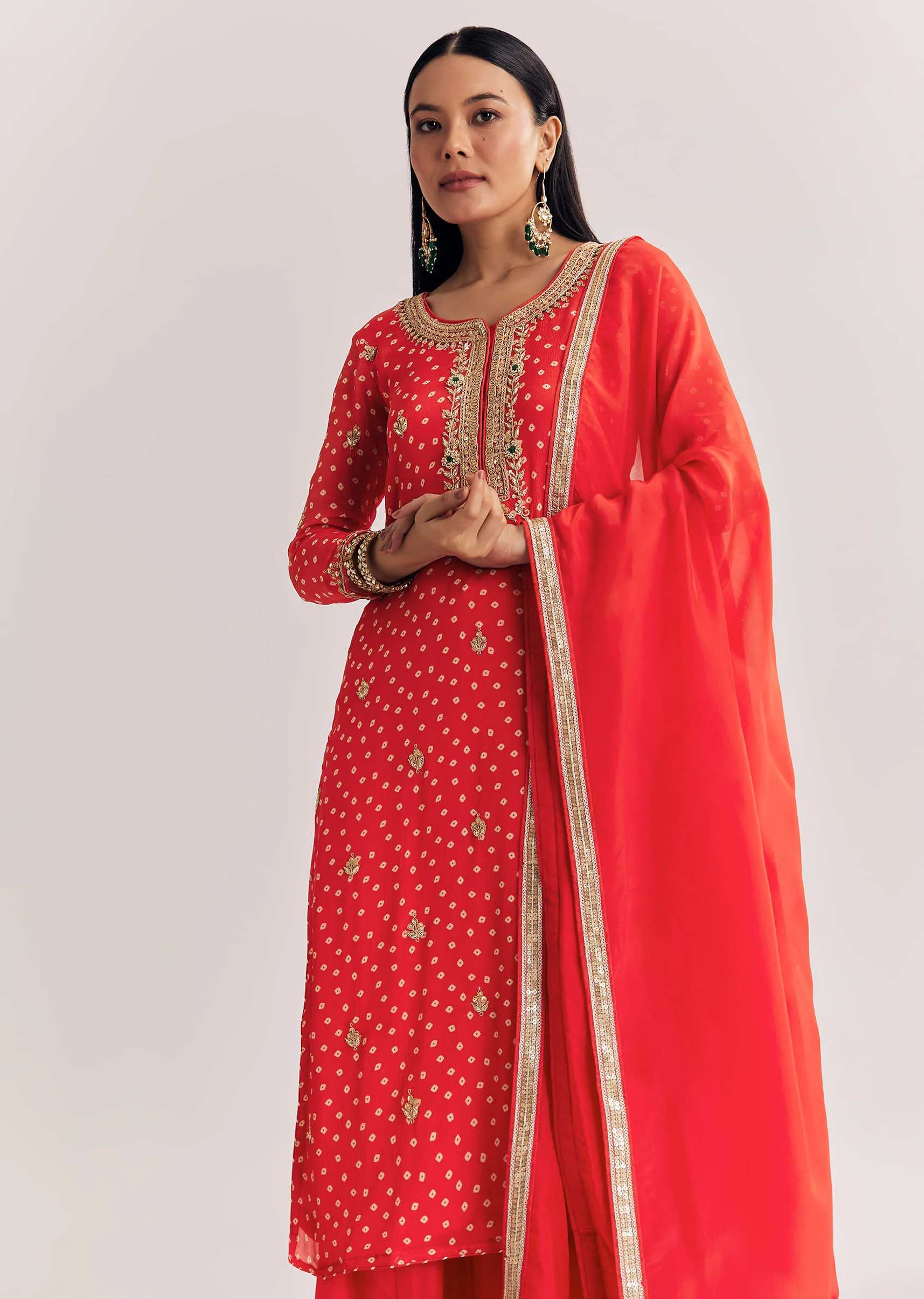 Bright Orange Bandhani Kurta Palazzo Suit With Sequins And Zardosi Work - Image 7