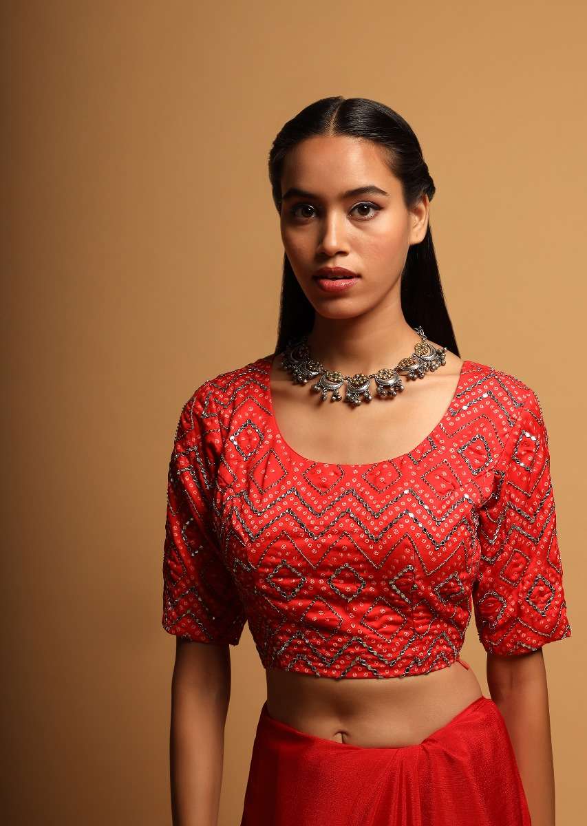 Bright Red Blouse In Silk Blend With Bandhani Print And Mirror Embroidery In Geometric Design - Image 4
