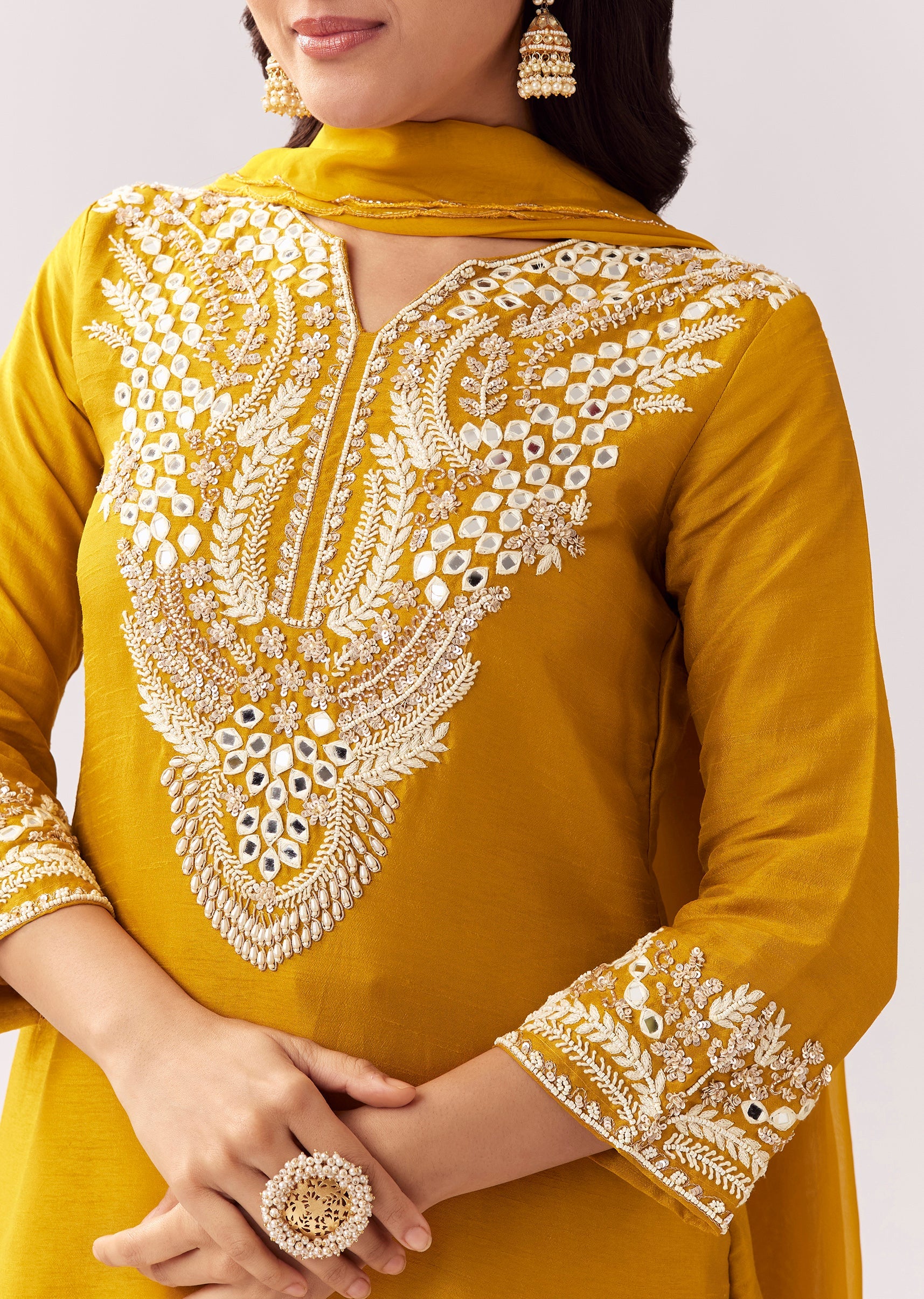 Bright Yellow Sharara Set With Mirror Work - Image 2
