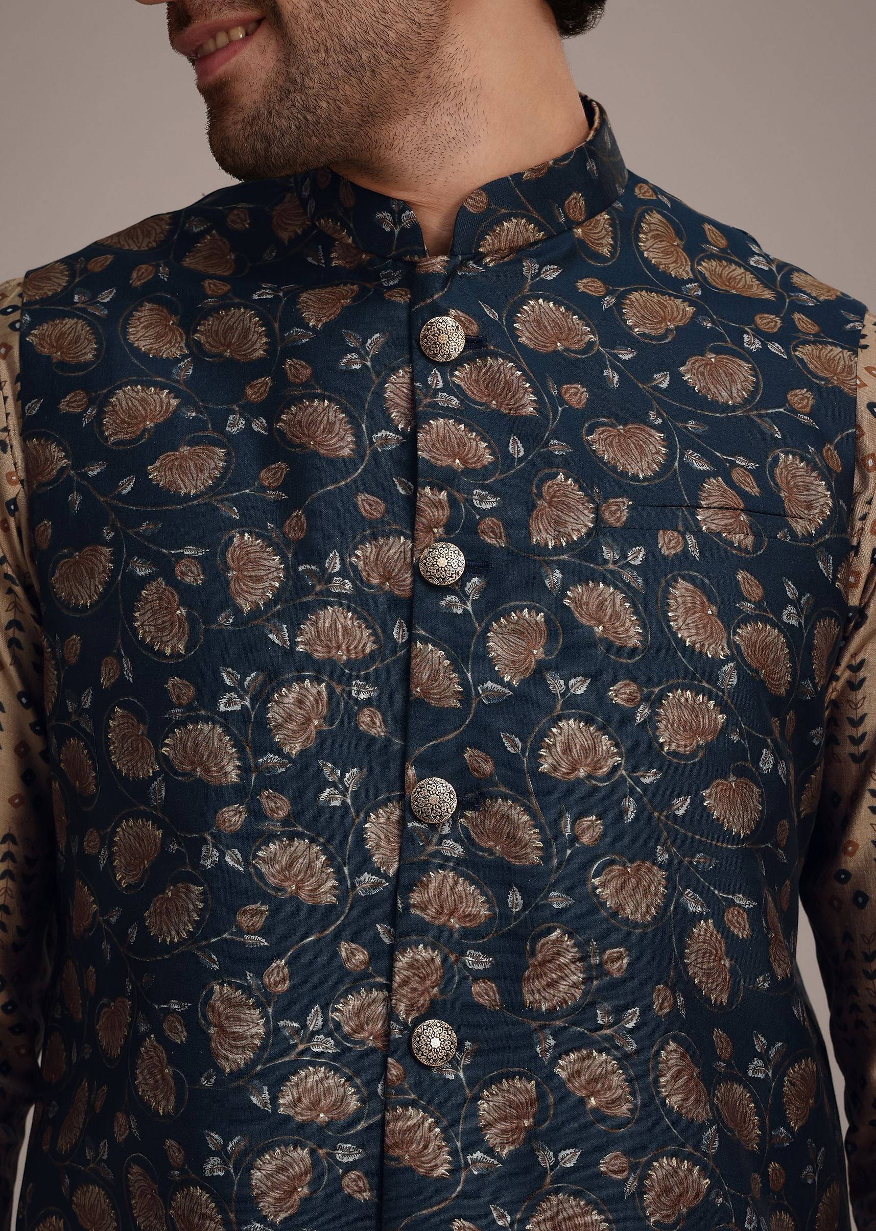 Bronze Silk Printed Kurta Set With Leaf Motifs - Image 2