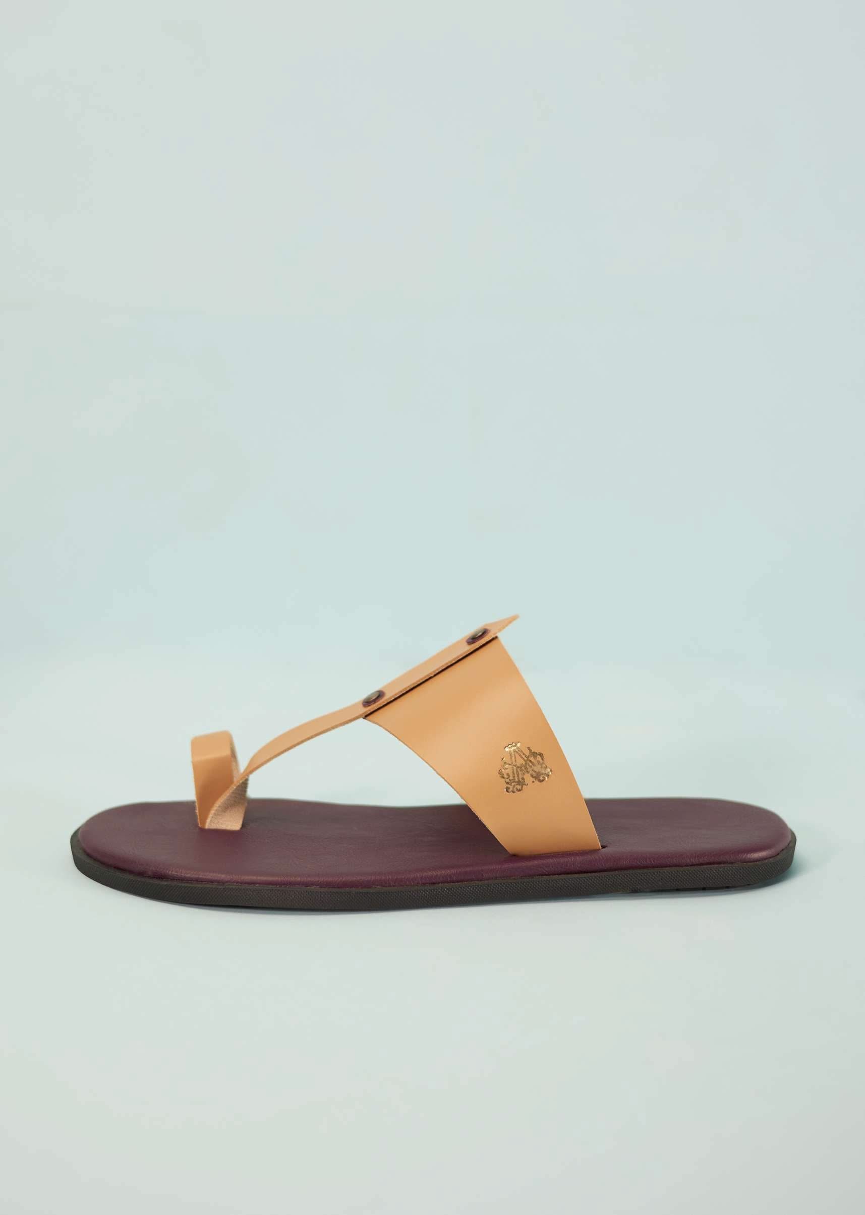 Dark Brown And Beige White Strappy Slides For Men In Leather With Buttons - Image 3