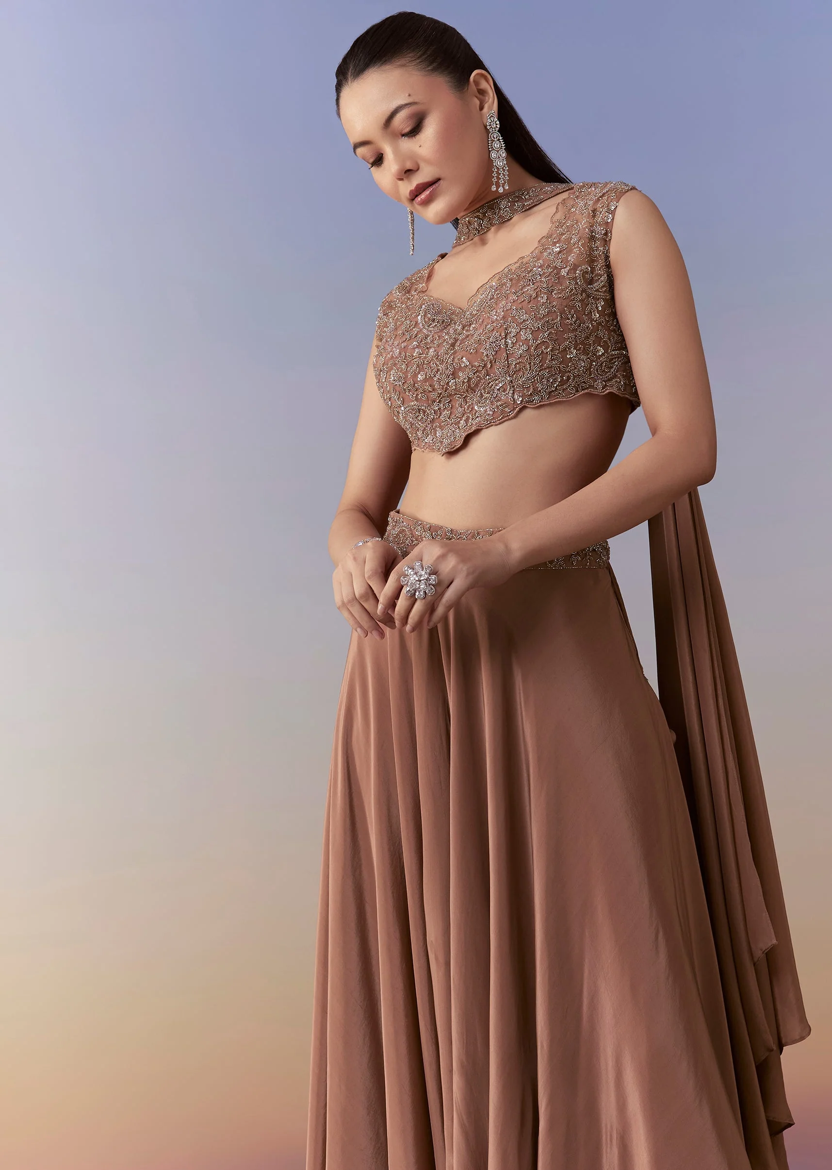 Brown Embellished Crop Top Pant Set with Dupatta - Image 4
