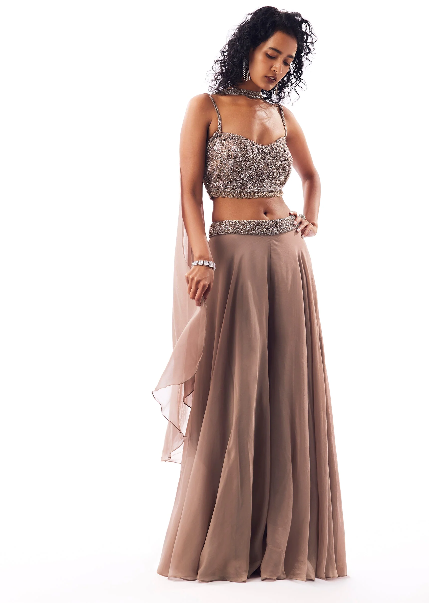 Brown Embellished Crop Top Set With Palazzos And Dupatta - Image 3