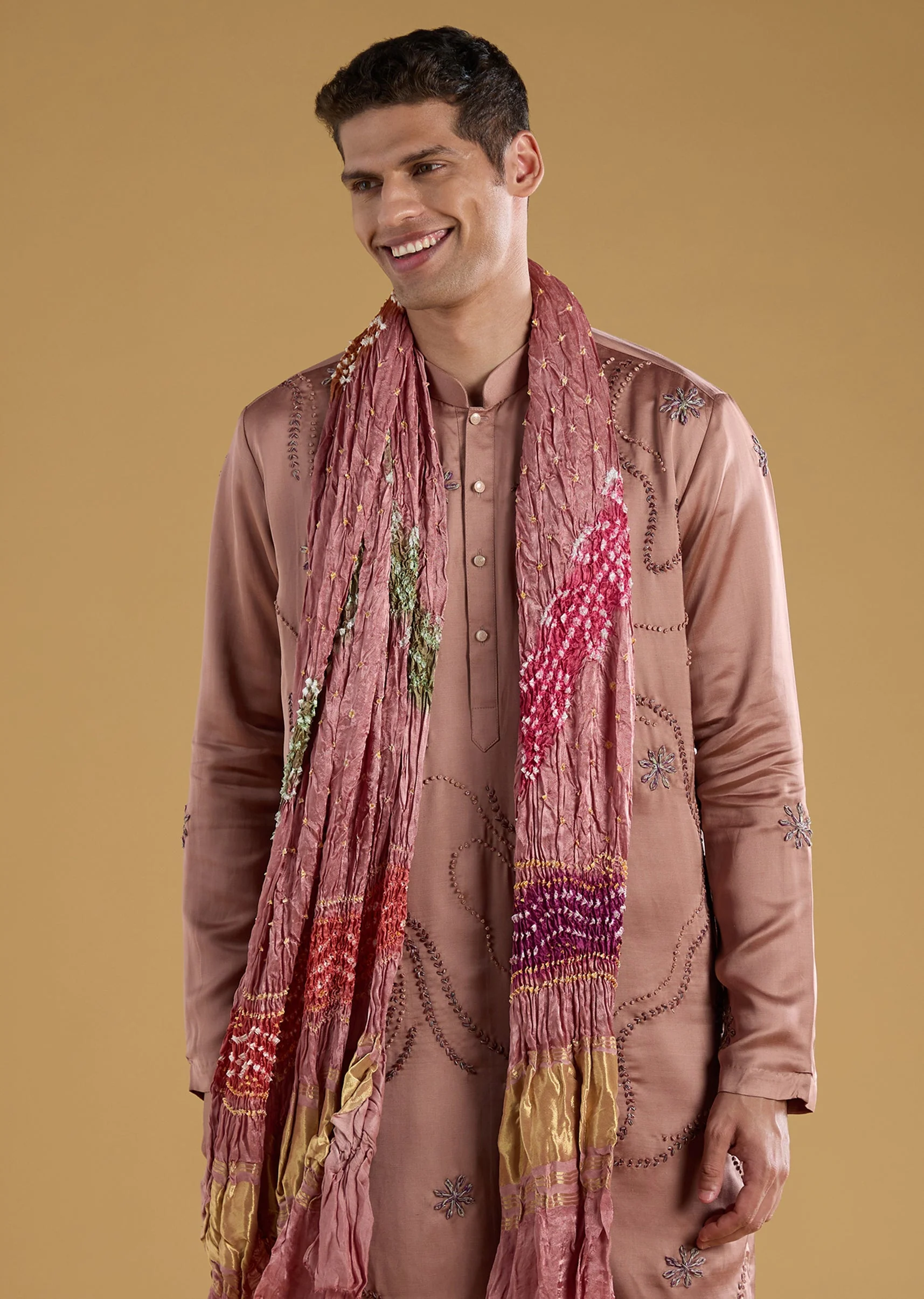 Brown Embroidered Silk Men's Kurta Set With Hand Dyed Bandhani Dupatta - Image 2