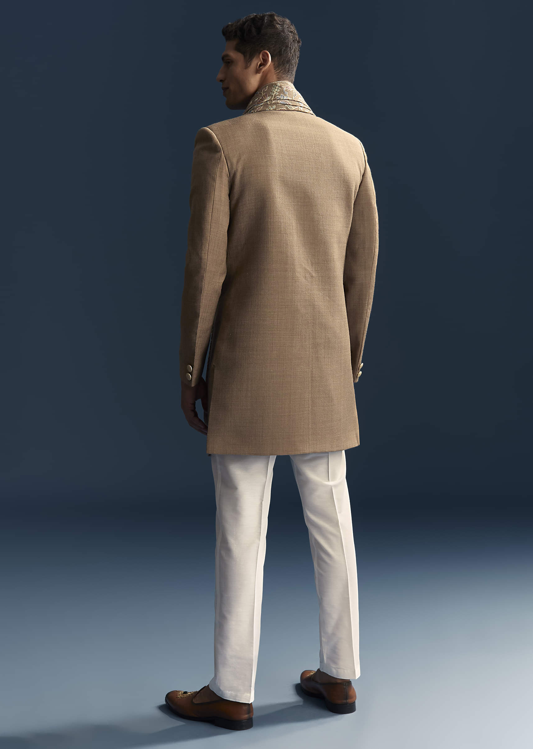 Brown Jacquard Indo Western Set For Men With Embroidered Stole - Image 3