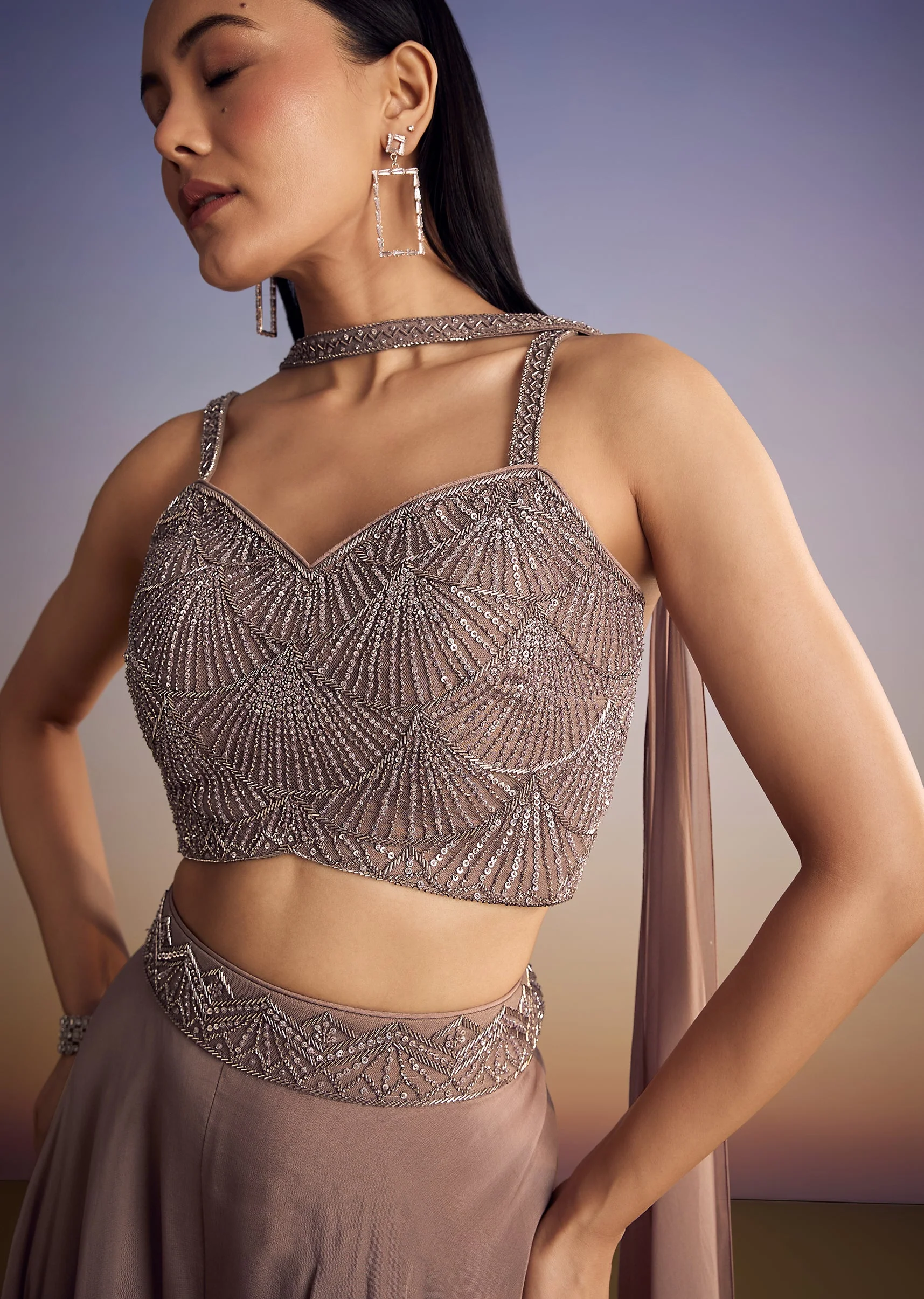 Brown Organza Palazzo Set With Cutdana And Sequins Dupatta - Image 2