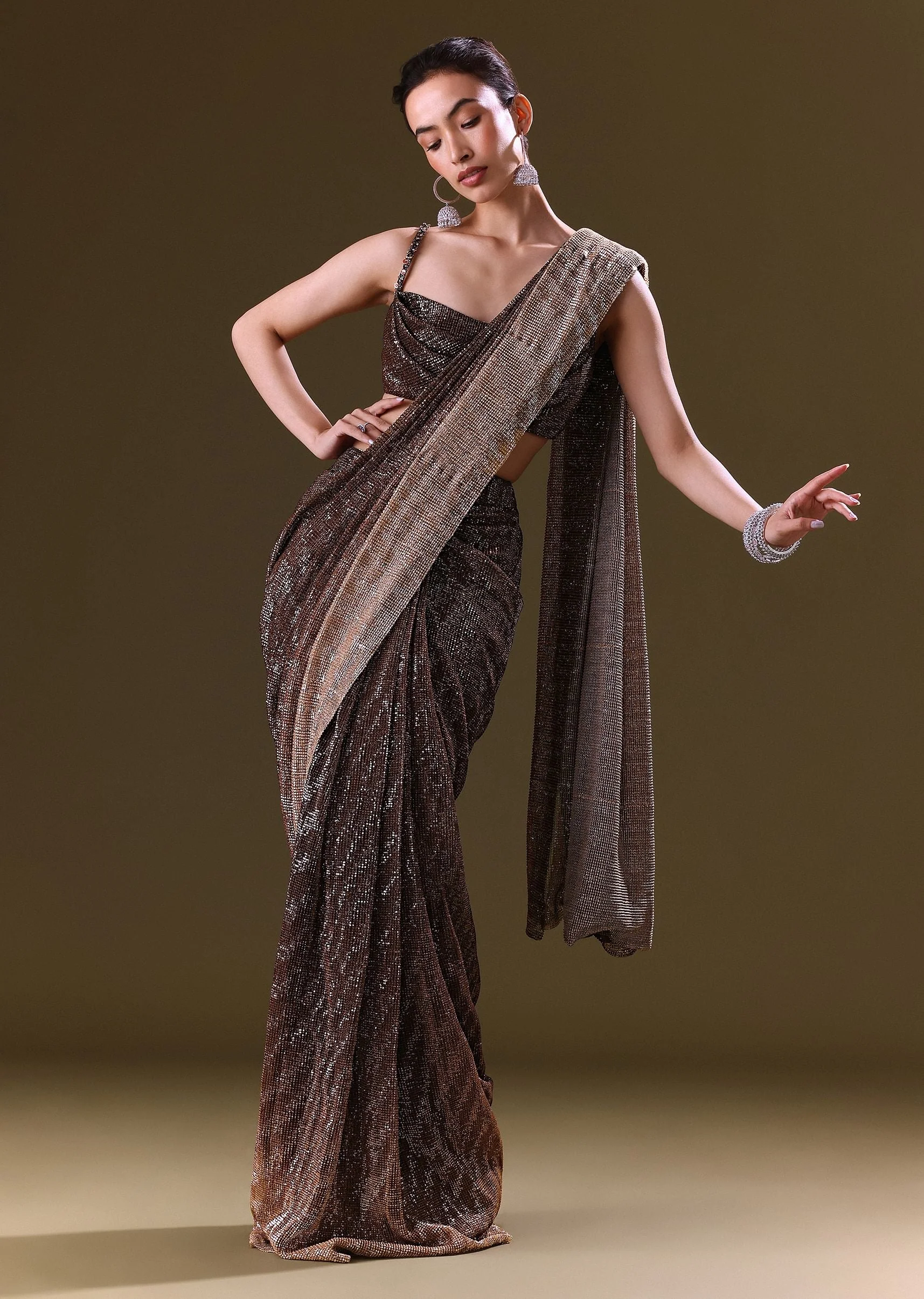 Brown Pre Stitched Saree With Cowl Blouse - Image 2