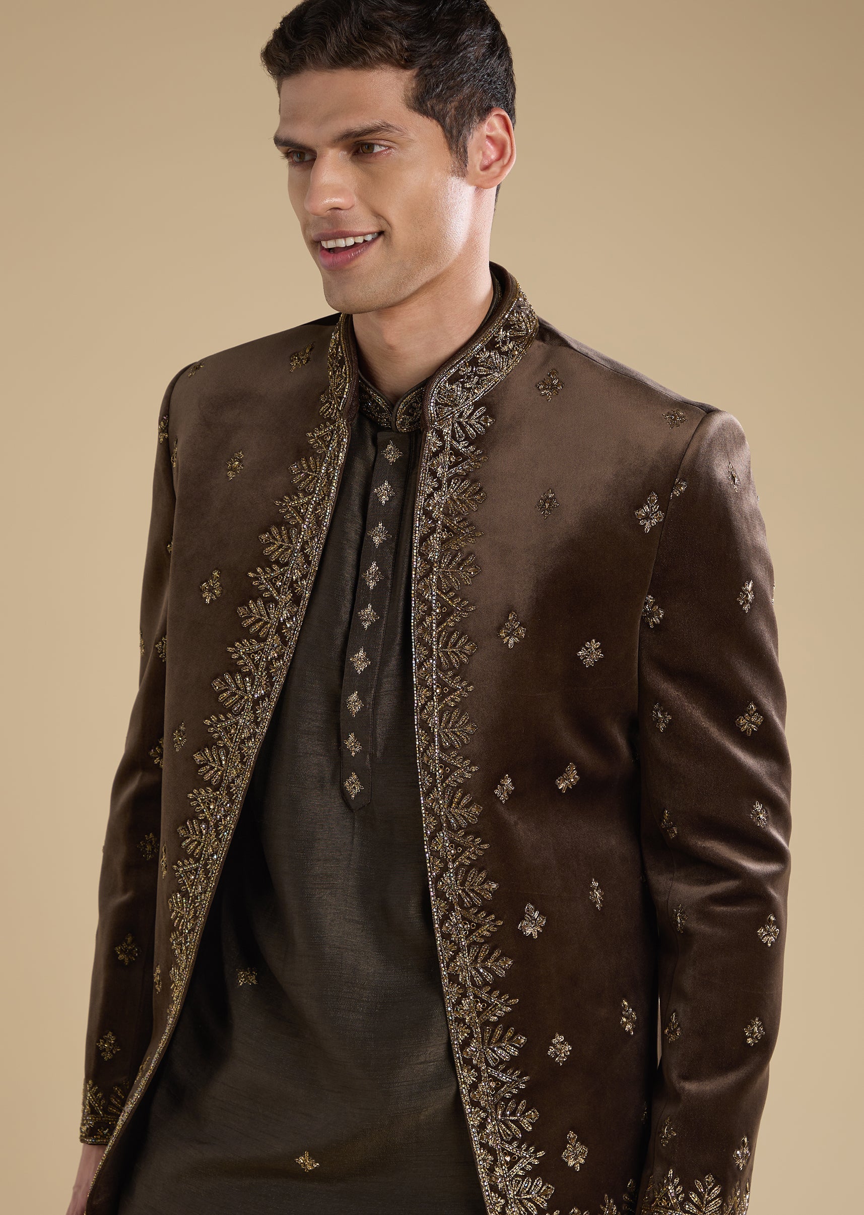 Brown Royal Duo – Colourblocked Lehenga For Her And Velvet Jodhpuri Set For Him - Image 7
