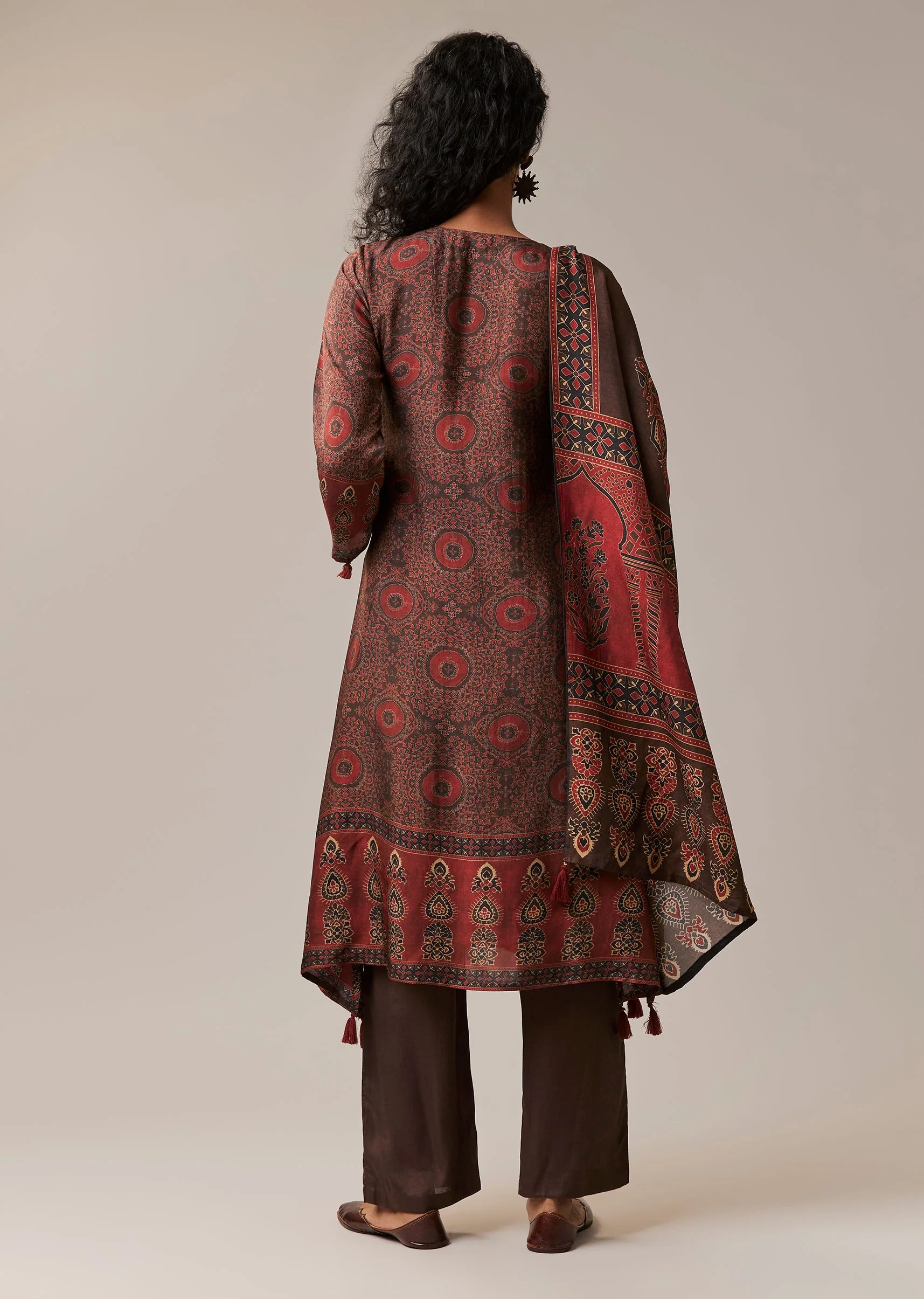 Brown Sequins Indie Print Silk Kurta Set - Image 5