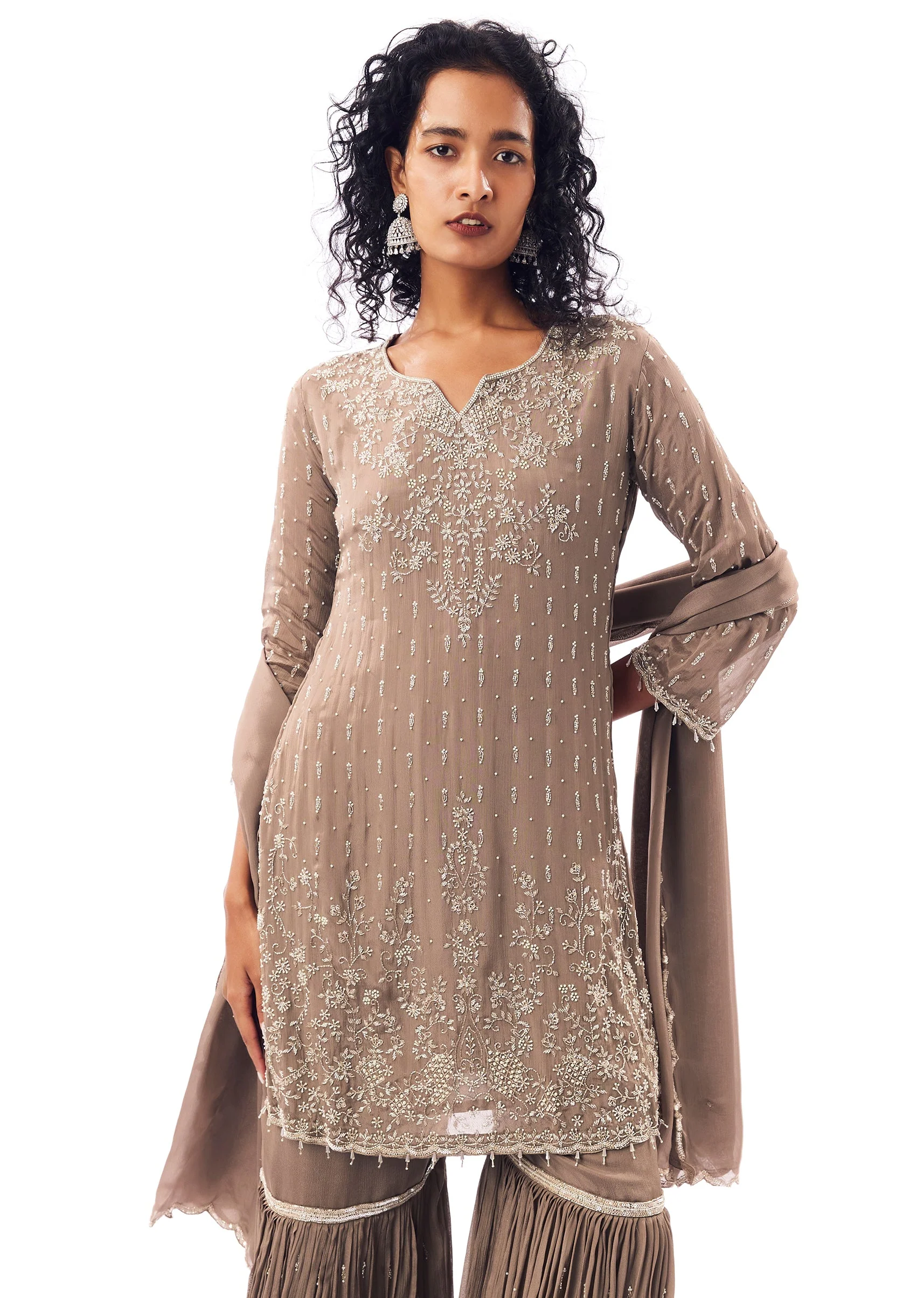 Brown Sharara Suit With Cutdana And Moti Highlights - Image 4