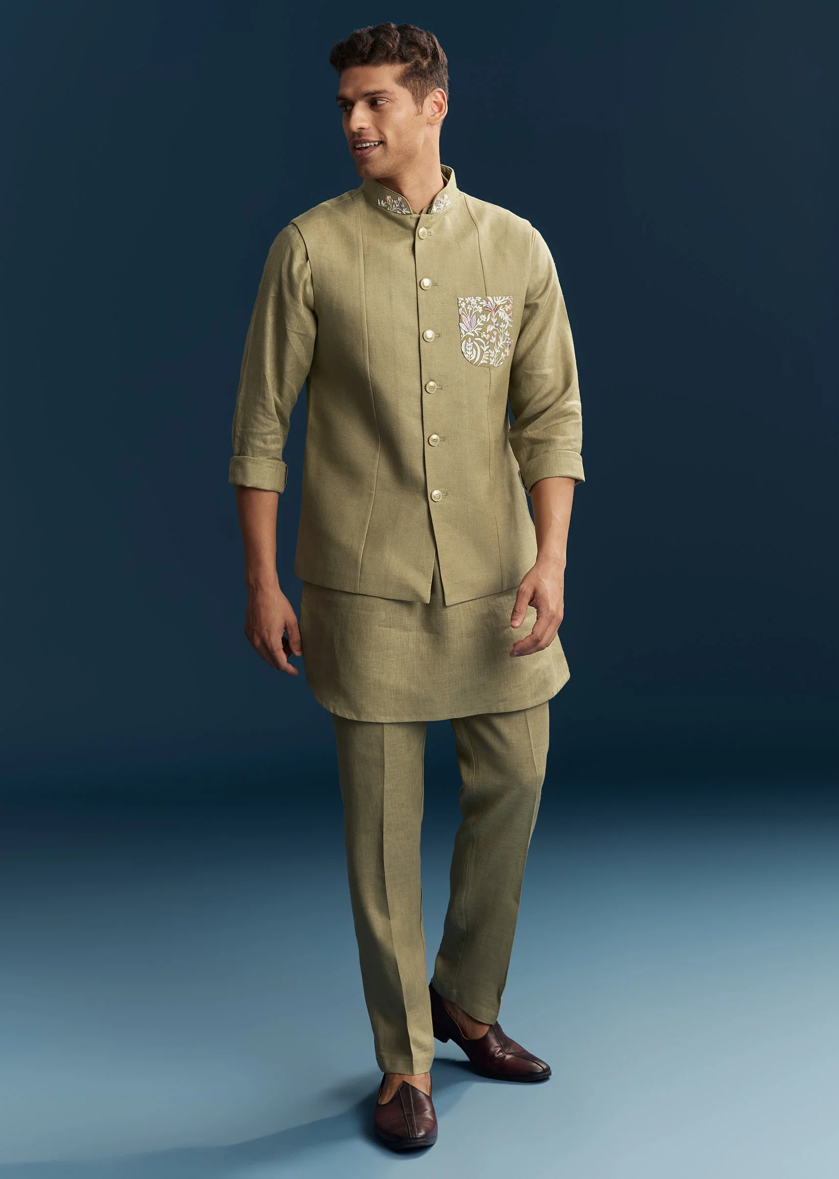 Brown Silk Kurta Jacket Set With Minimal Thread Detail - Image 3