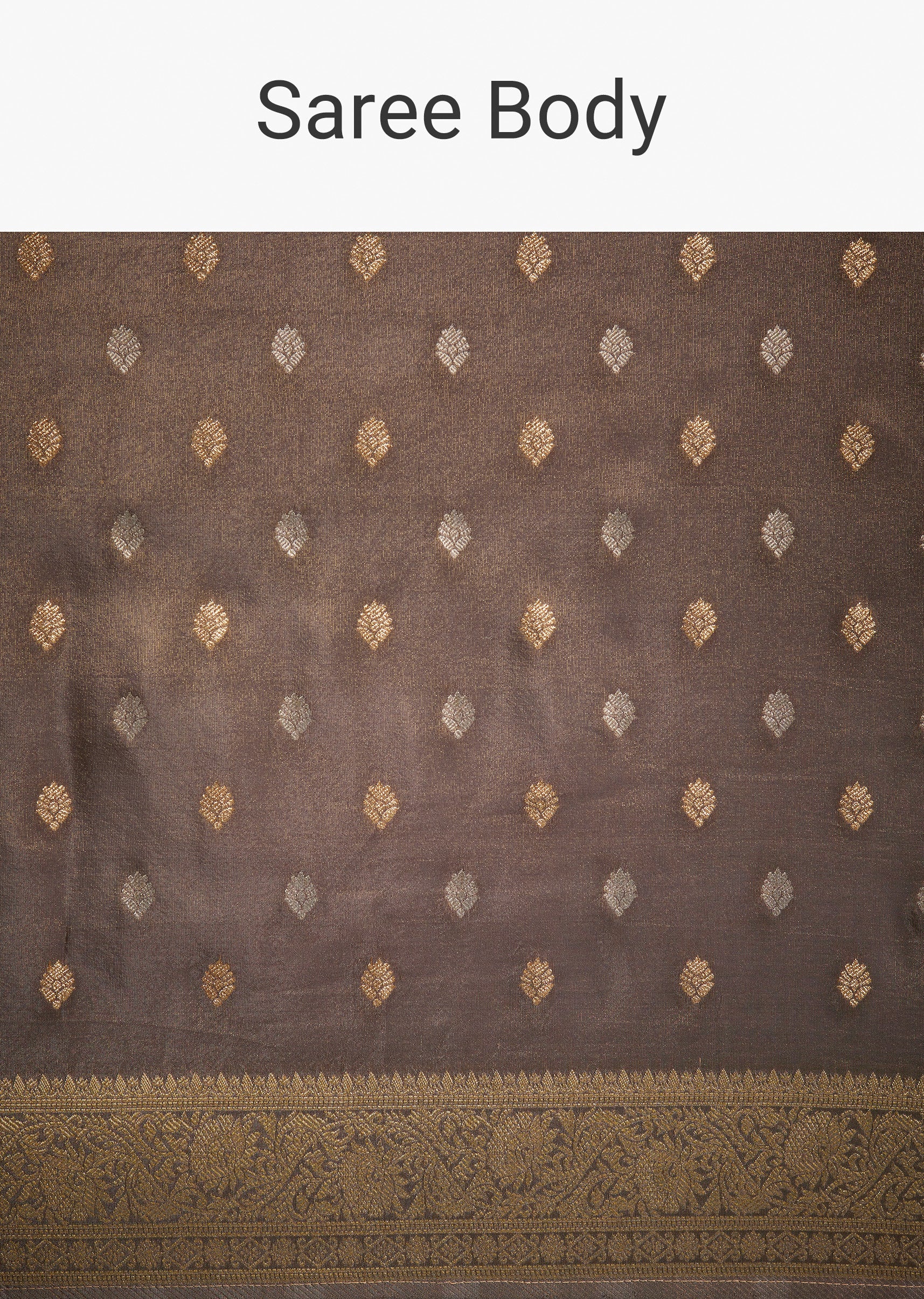 Brownish Grey Tissue Silk Saree With Zari Border And Butti Work - Image 9