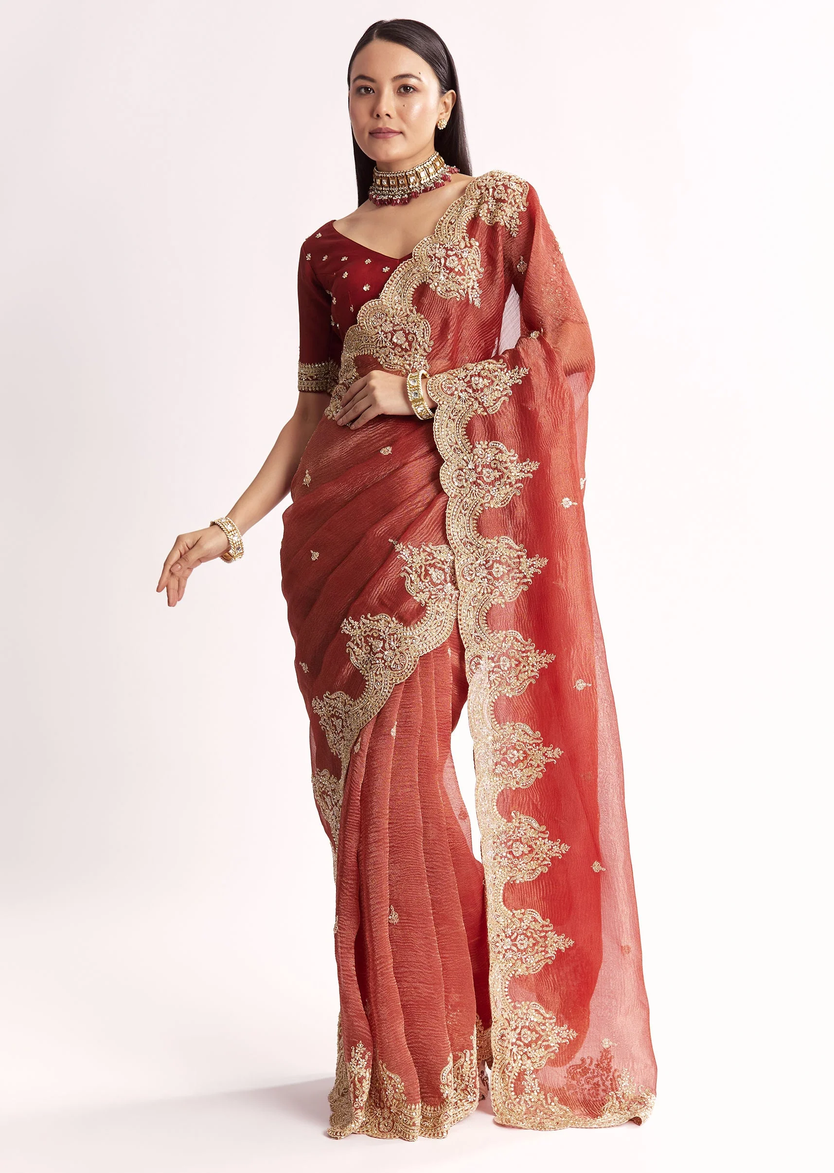 Brownish Mauve Crush Tissue Saree With Heavy Border And Blouse - Image 3