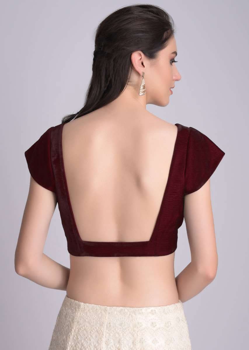 Burgundy Blouse In Velvet With Trapeze Neckline - Image 5