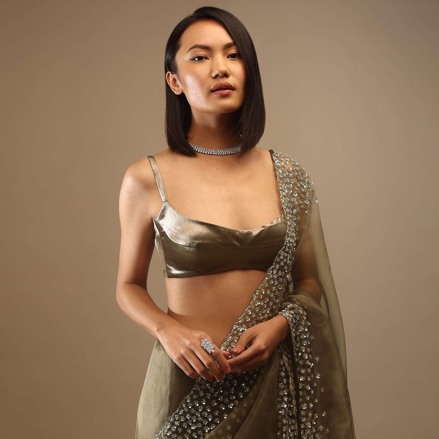Butternut Olive Satin Spaghetti Strap Blouse With A Curved Neckline Tie Down At The Back - Image 3
