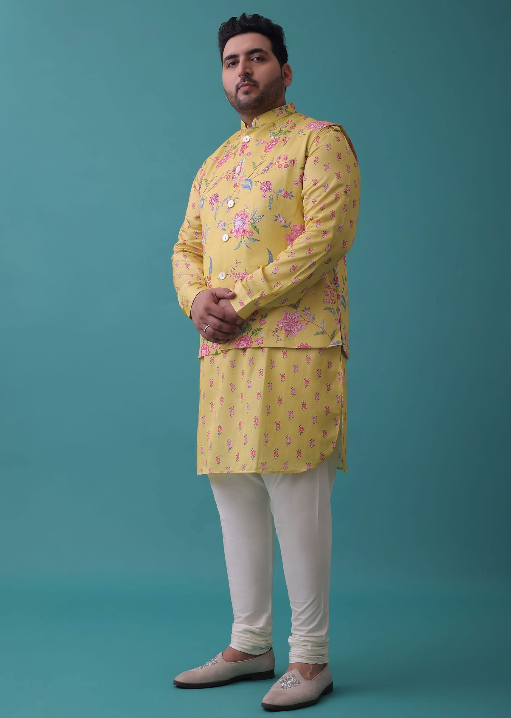 Canary Yellow Jacket Kurta Set In Silk With Floral Print - Image 2