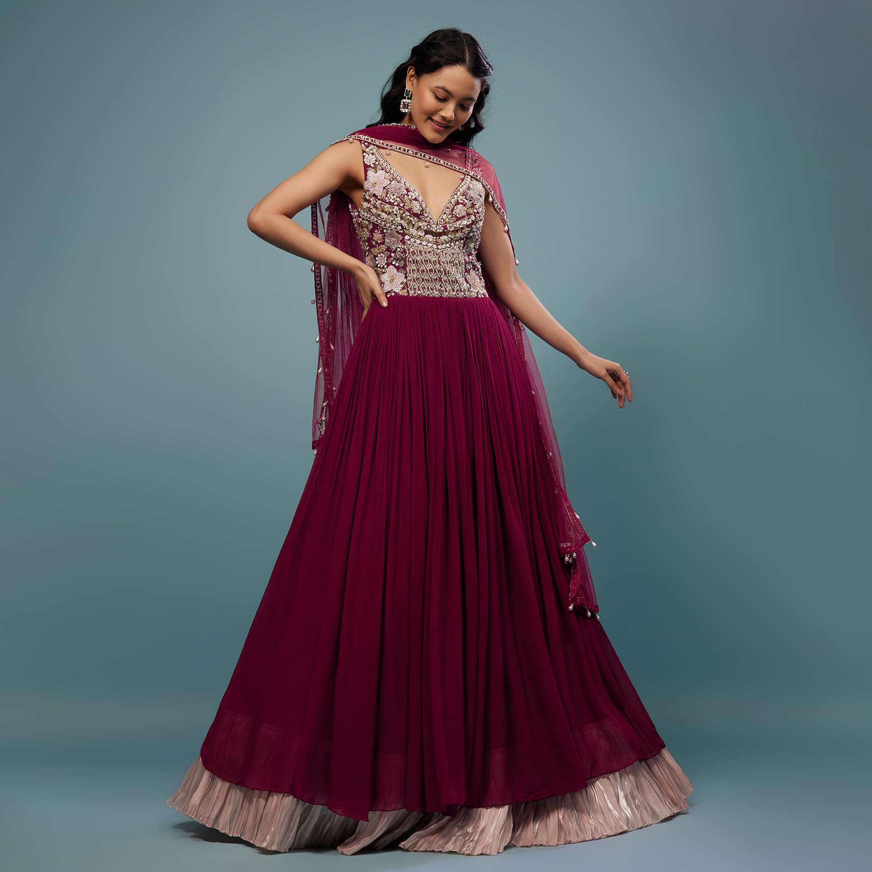 Wine Red Embroidered Anarkali Suit In Viscose Georgette - Image 5