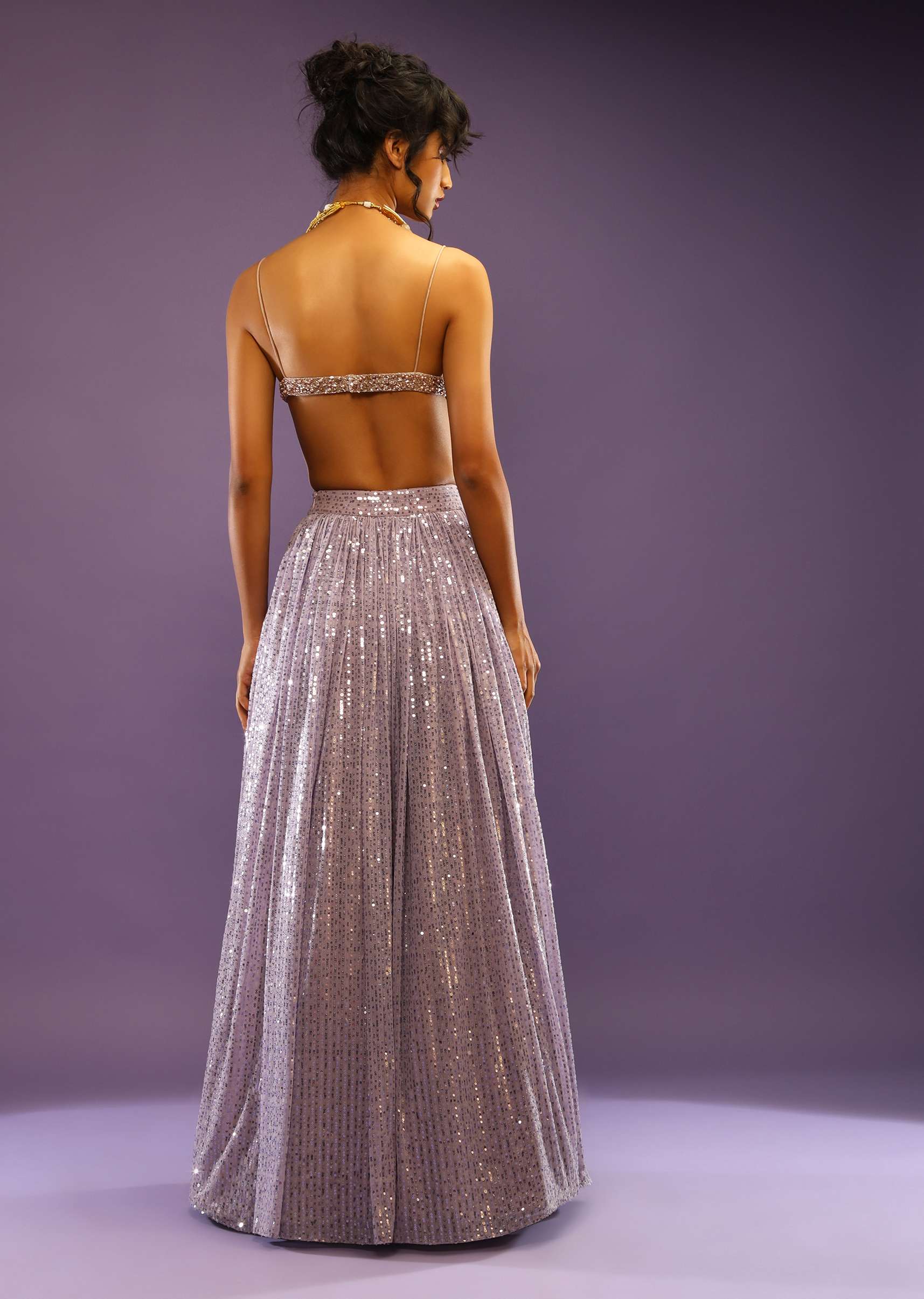 Champagne Blouse With Heavy Embroidery Detailing And Plunge Neckline - Image 2