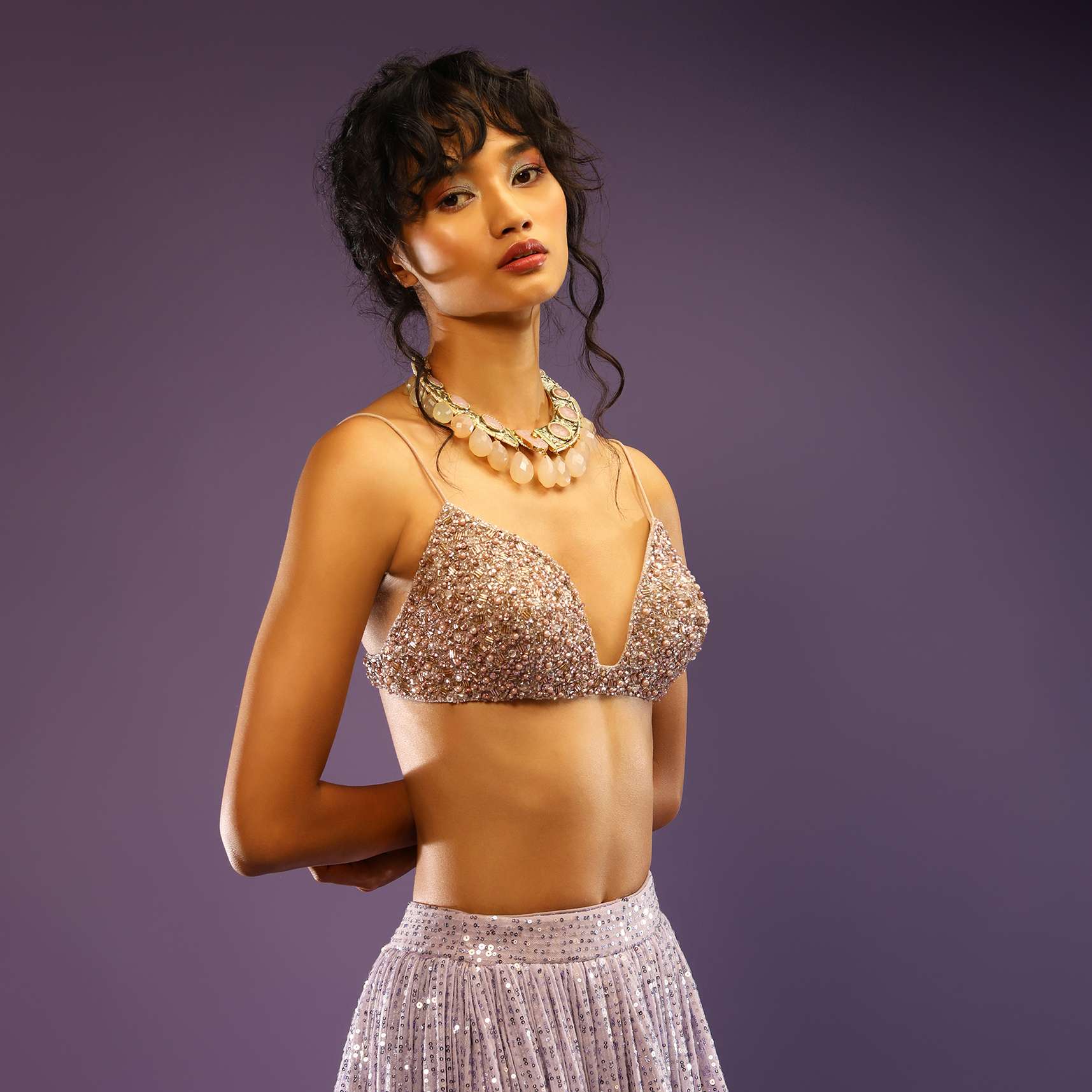 Champagne Blouse With Heavy Embroidery Detailing And Plunge Neckline - Image 3