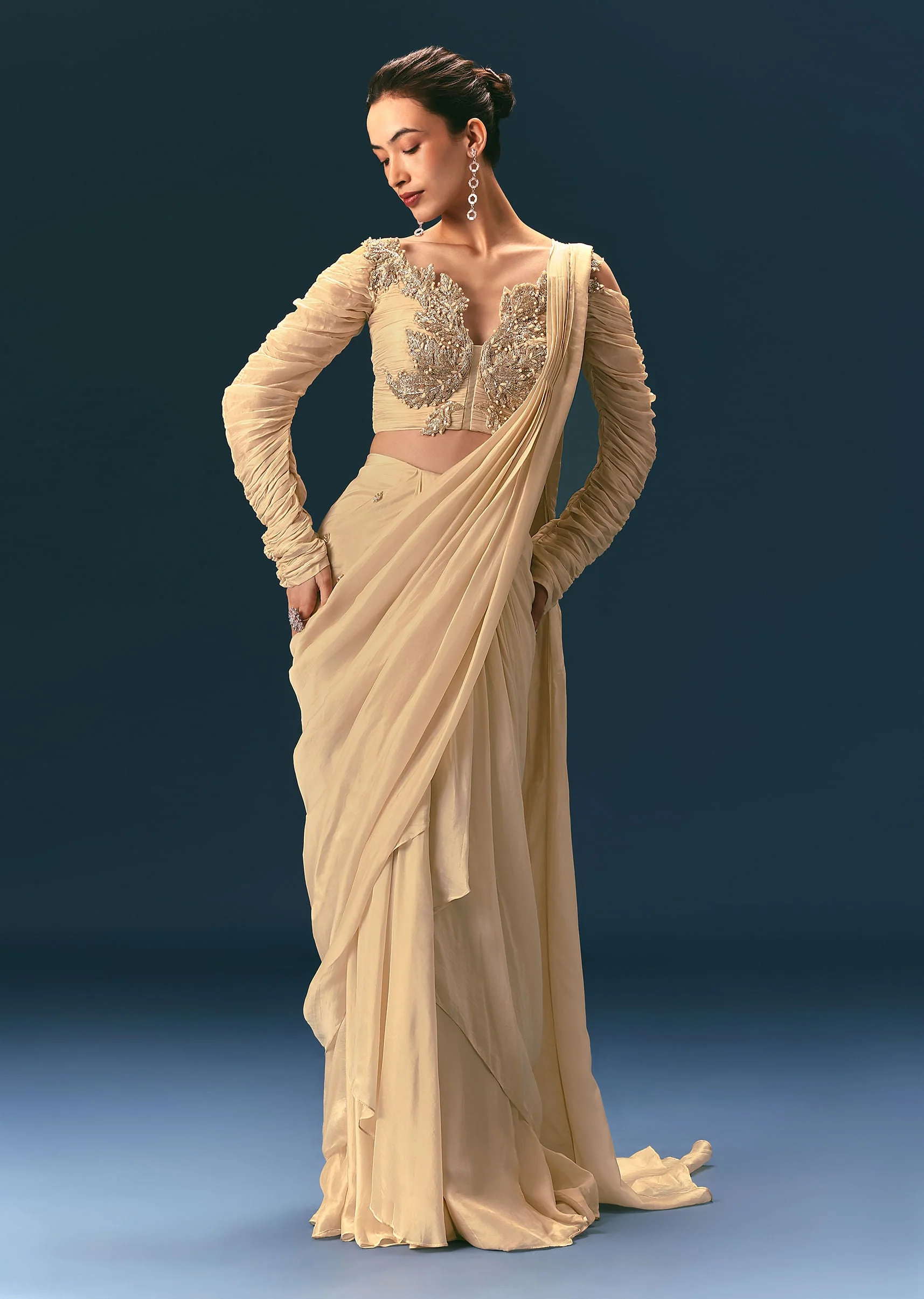 Champagne Peach Embroidered Draped Saree With 3D Applique Blouse - Image 3
