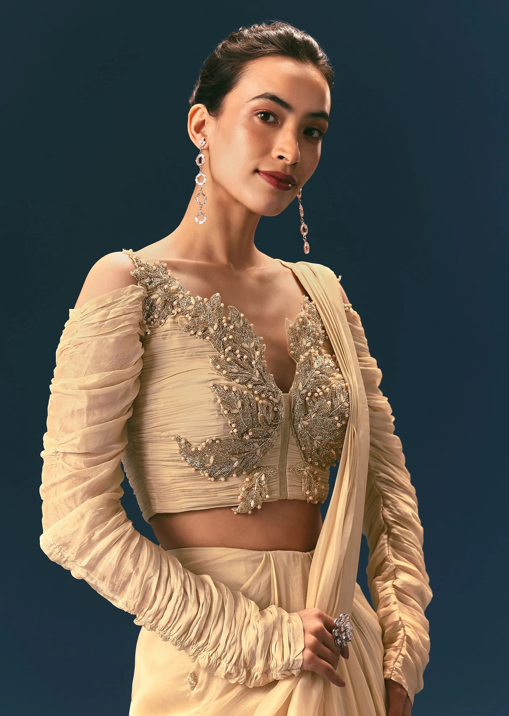 Champagne Peach Embroidered Draped Saree With 3D Applique Blouse - Image 4