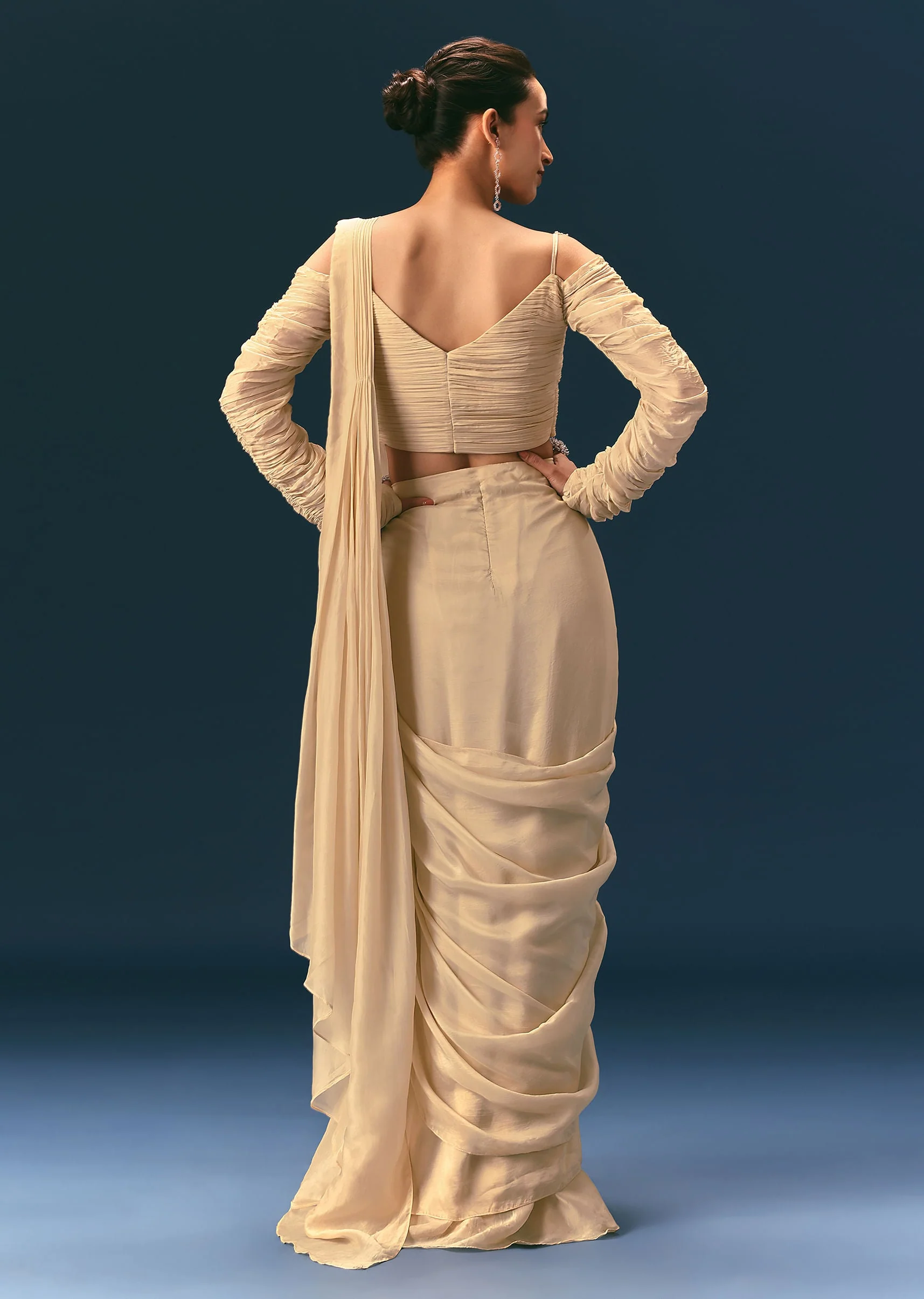Champagne Peach Embroidered Draped Saree With 3D Applique Blouse - Image 5