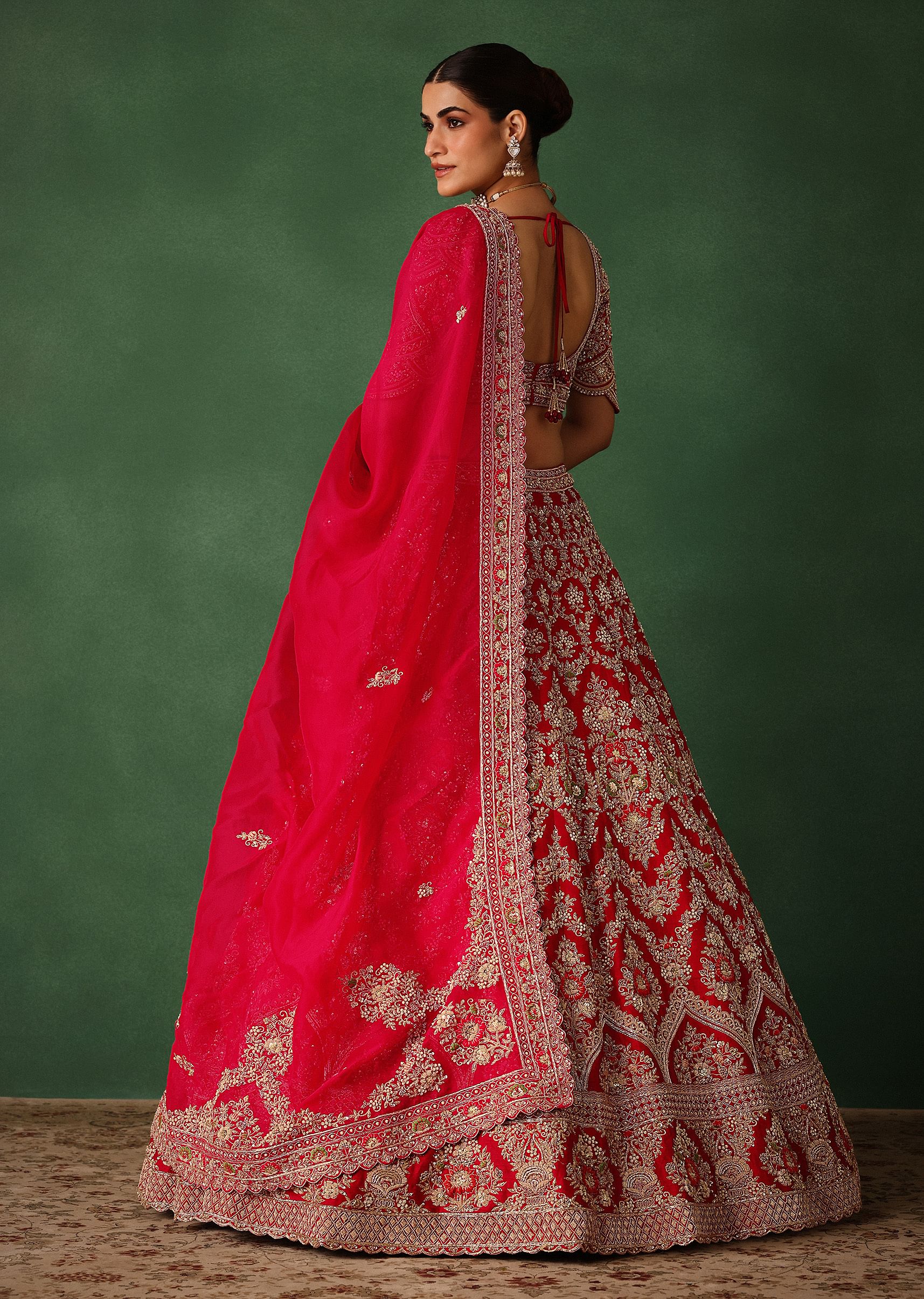 Cherry Red Hand Embroidered Raw Silk Lehenga Set With Net Dupatta - Image 6