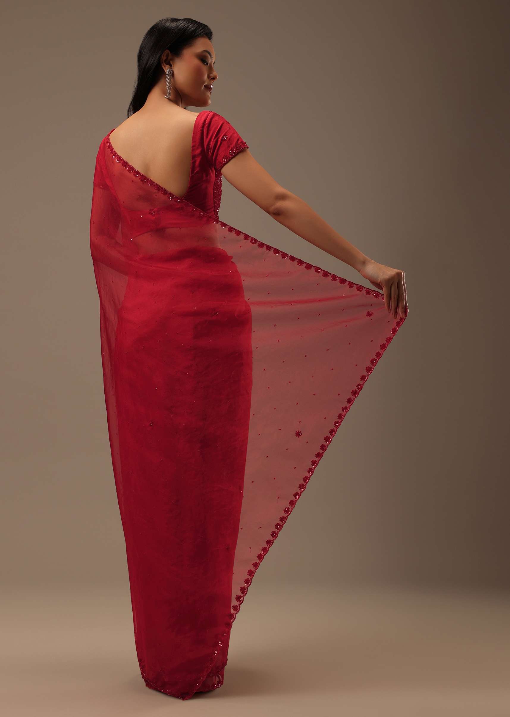 Cherry Red Organza Saree With Cut Dana And Sequins Work - Image 4