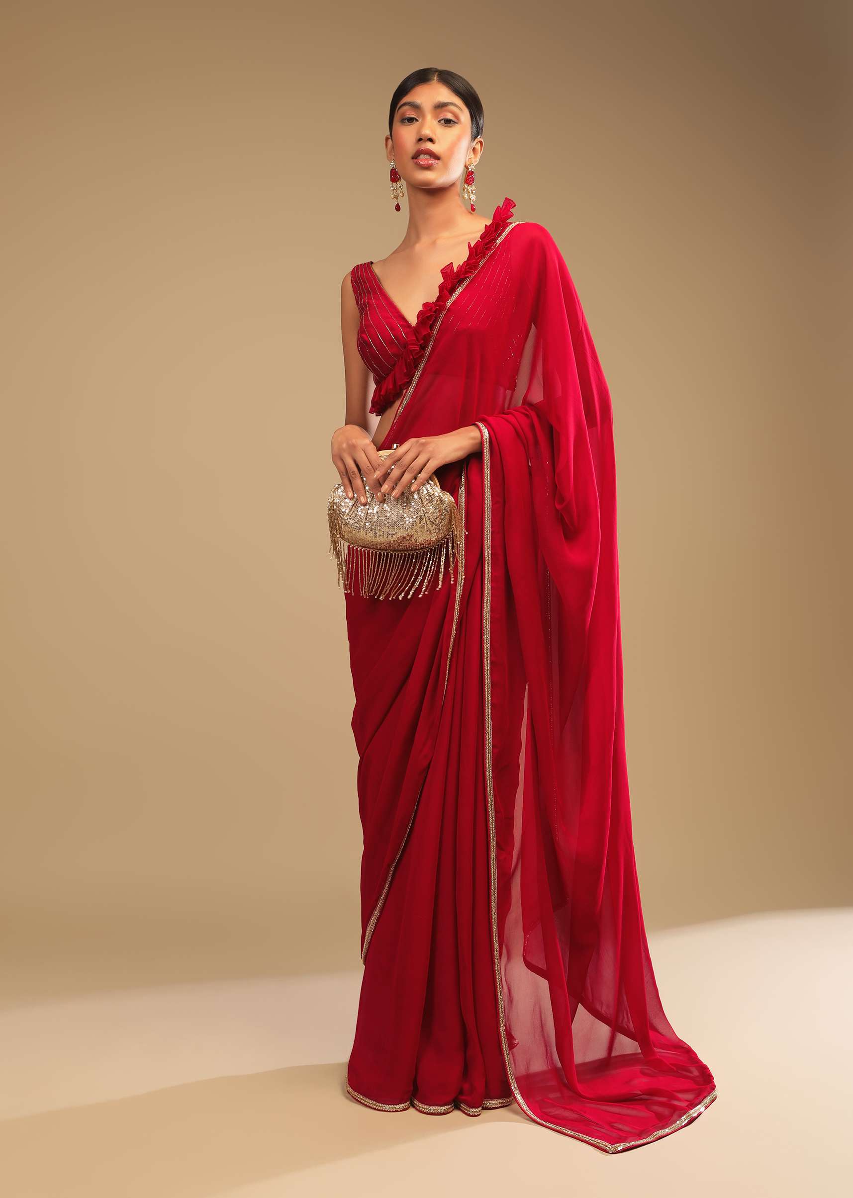 Cherry Red Saree In Georgette With Sequins And Cut Dana Embellished Border And A Ruffle Frill Adorned Crop Top - Image 3