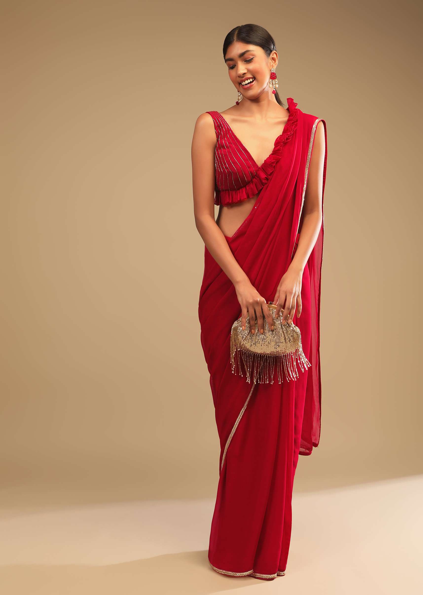 Cherry Red Saree In Georgette With Sequins And Cut Dana Embellished Border And A Ruffle Frill Adorned Crop Top - Image 4