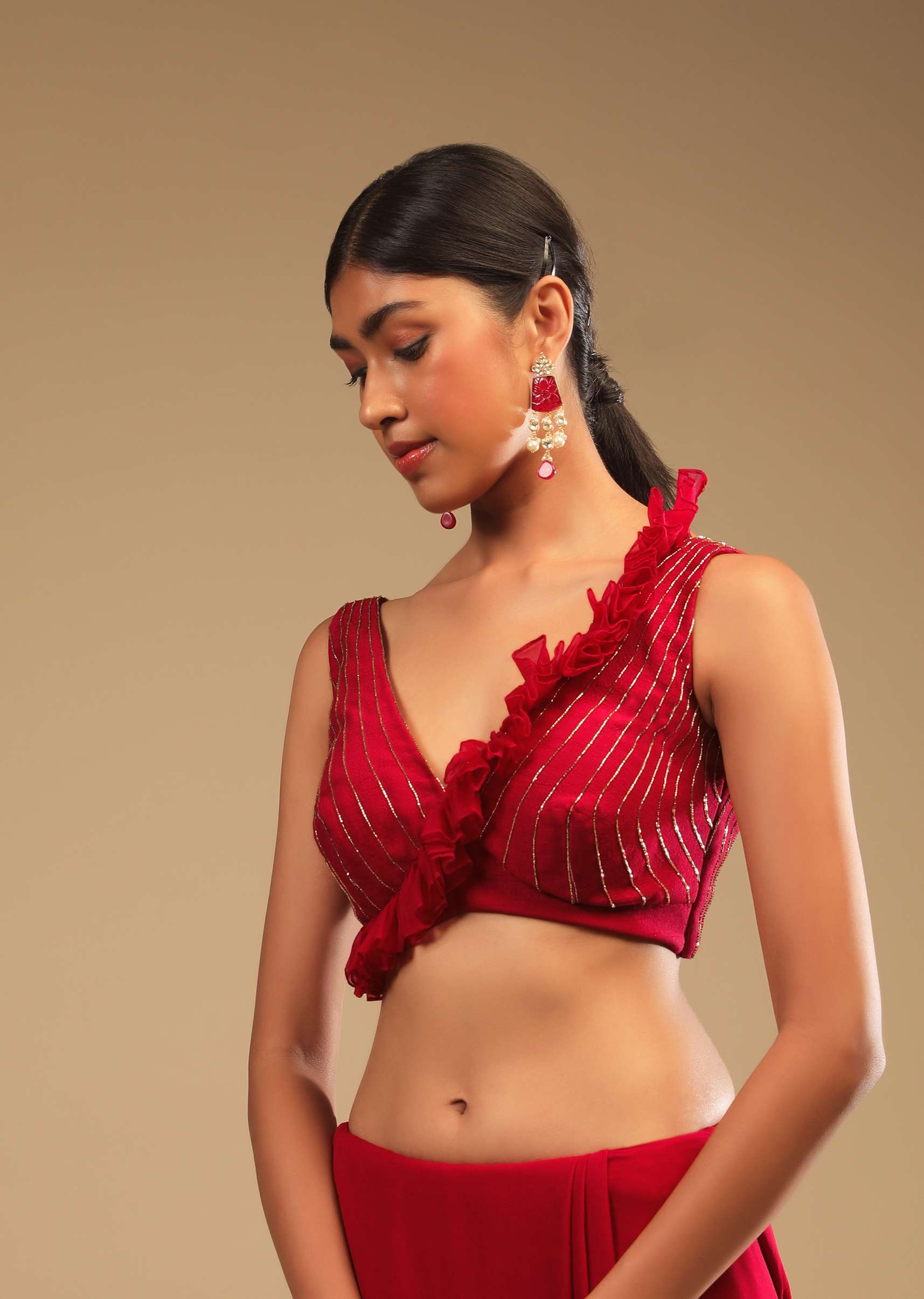 Cherry Red Saree In Georgette With Sequins And Cut Dana Embellished Border And A Ruffle Frill Adorned Crop Top - Image 6