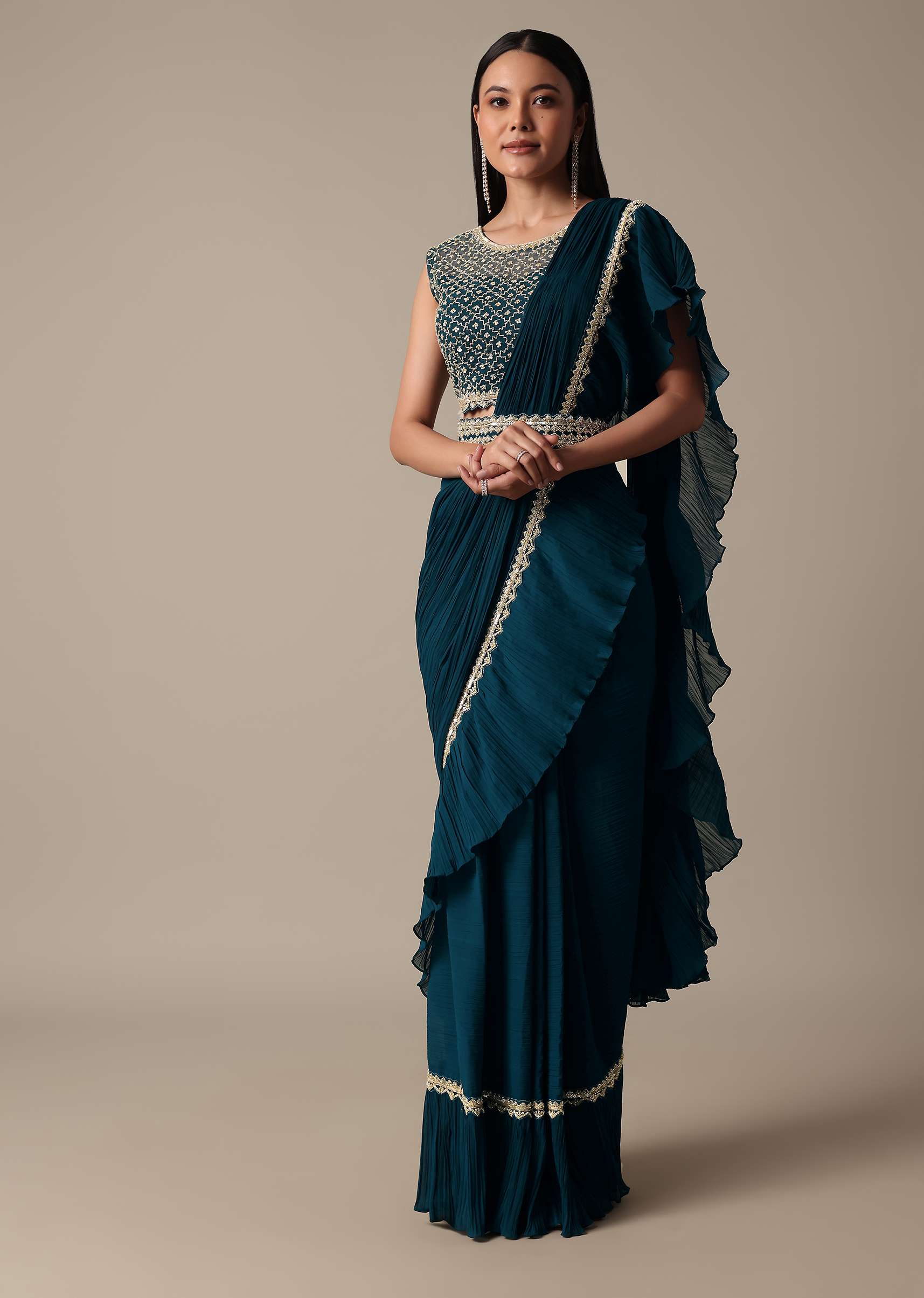 Chic Blue Ready Pleated Saree With Ready Made Blouse - Image 3