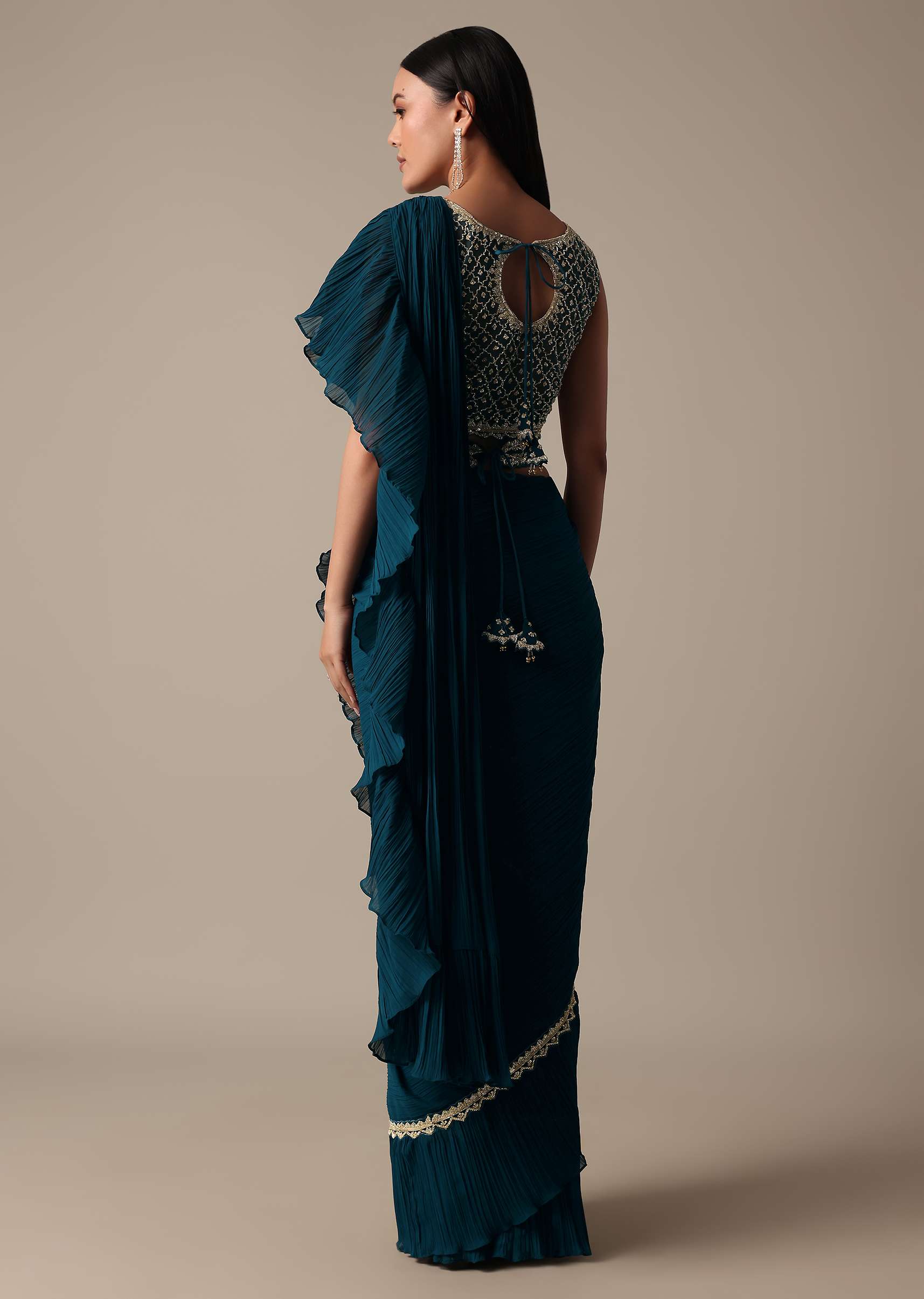 Chic Blue Ready Pleated Saree With Ready Made Blouse - Image 4