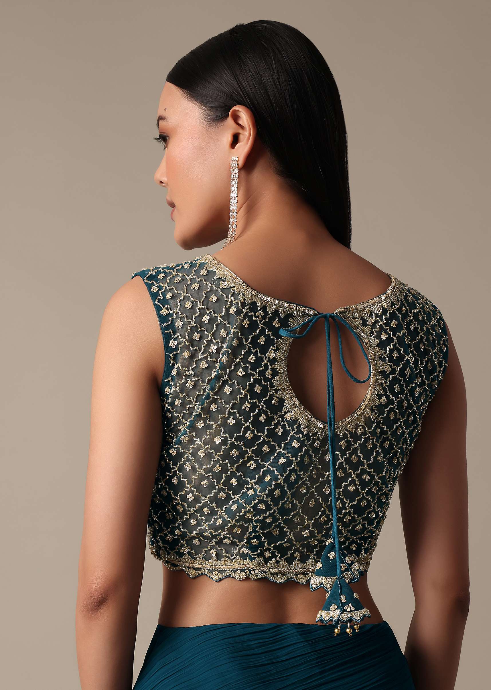 Chic Blue Ready Pleated Saree With Ready Made Blouse - Image 7