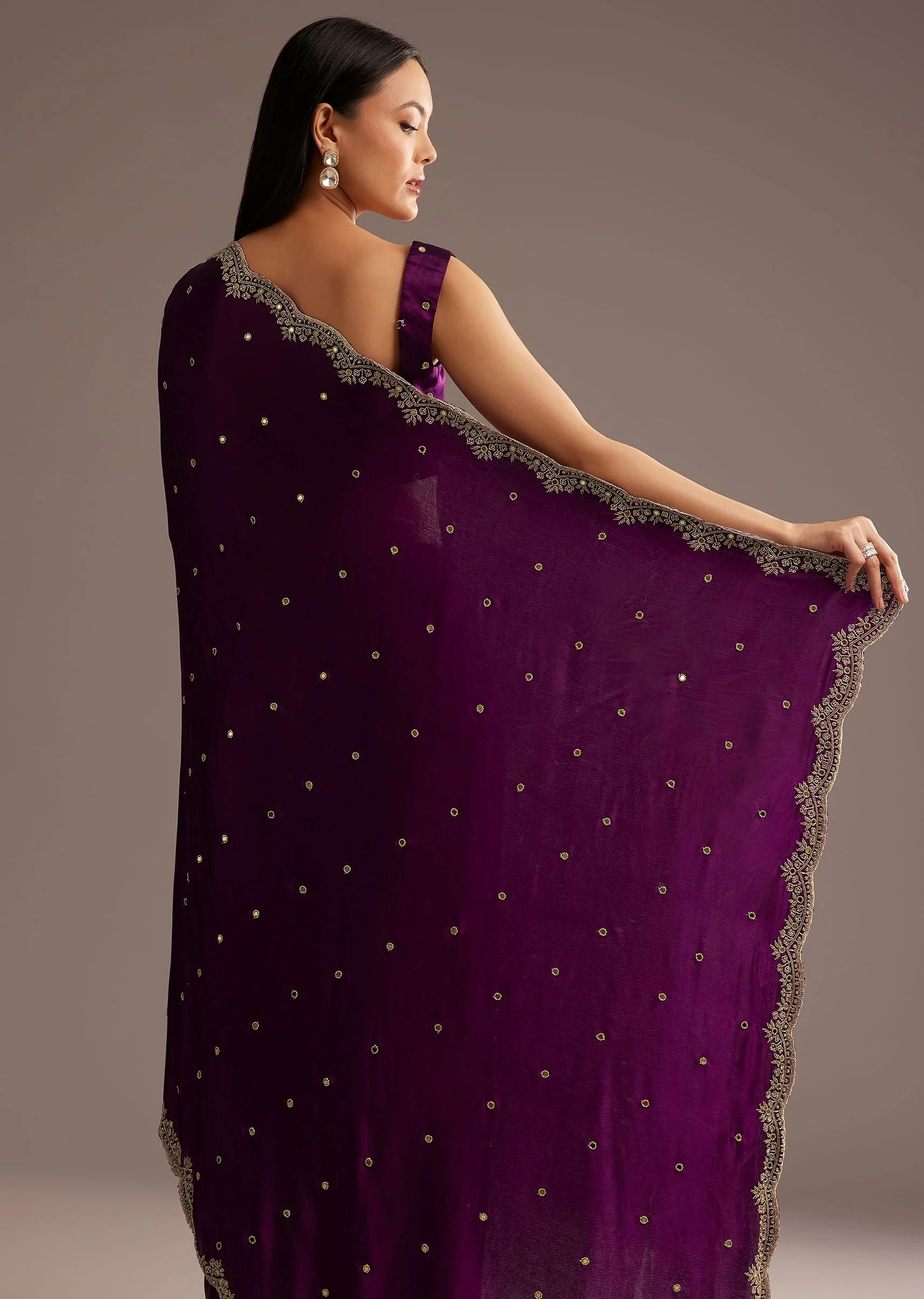 Chinon Satin Saree With Cutdana And Mirror Embellishment - Image 4