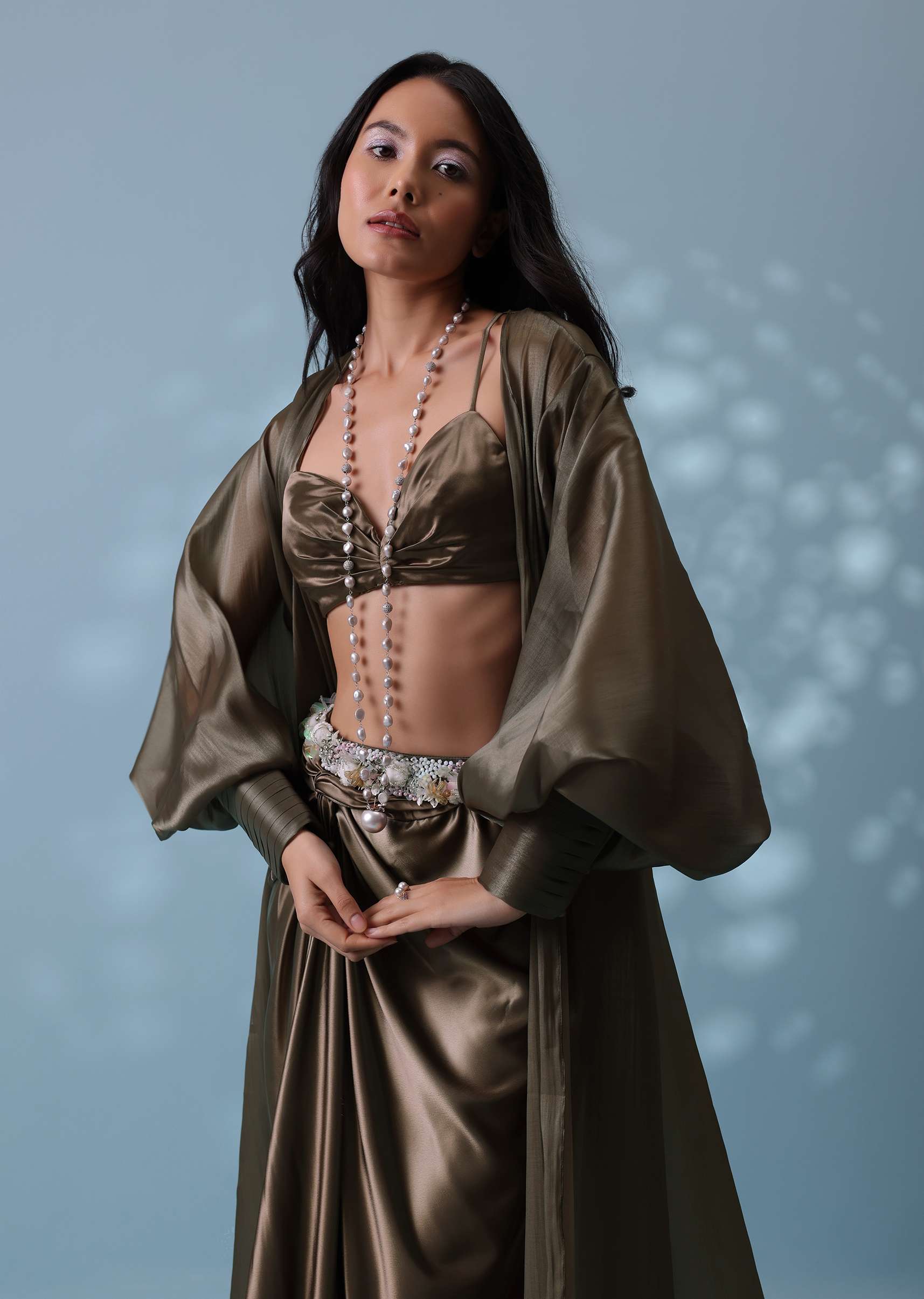 Chocolate Brown Indowestern Skirt Set With Jacket In Milano Organza - Image 3