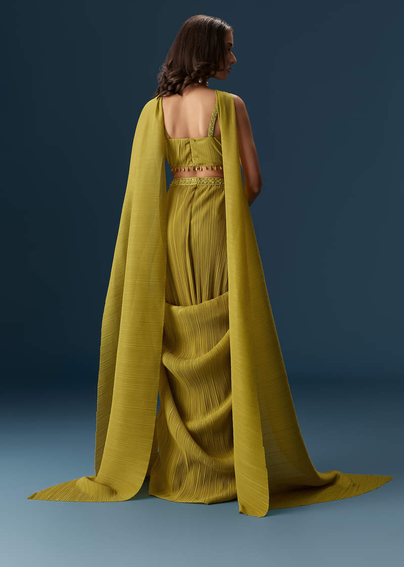 Citrus Green Drape Skirt With Pleated Bustier And Choker Style Dupatta - Image 2
