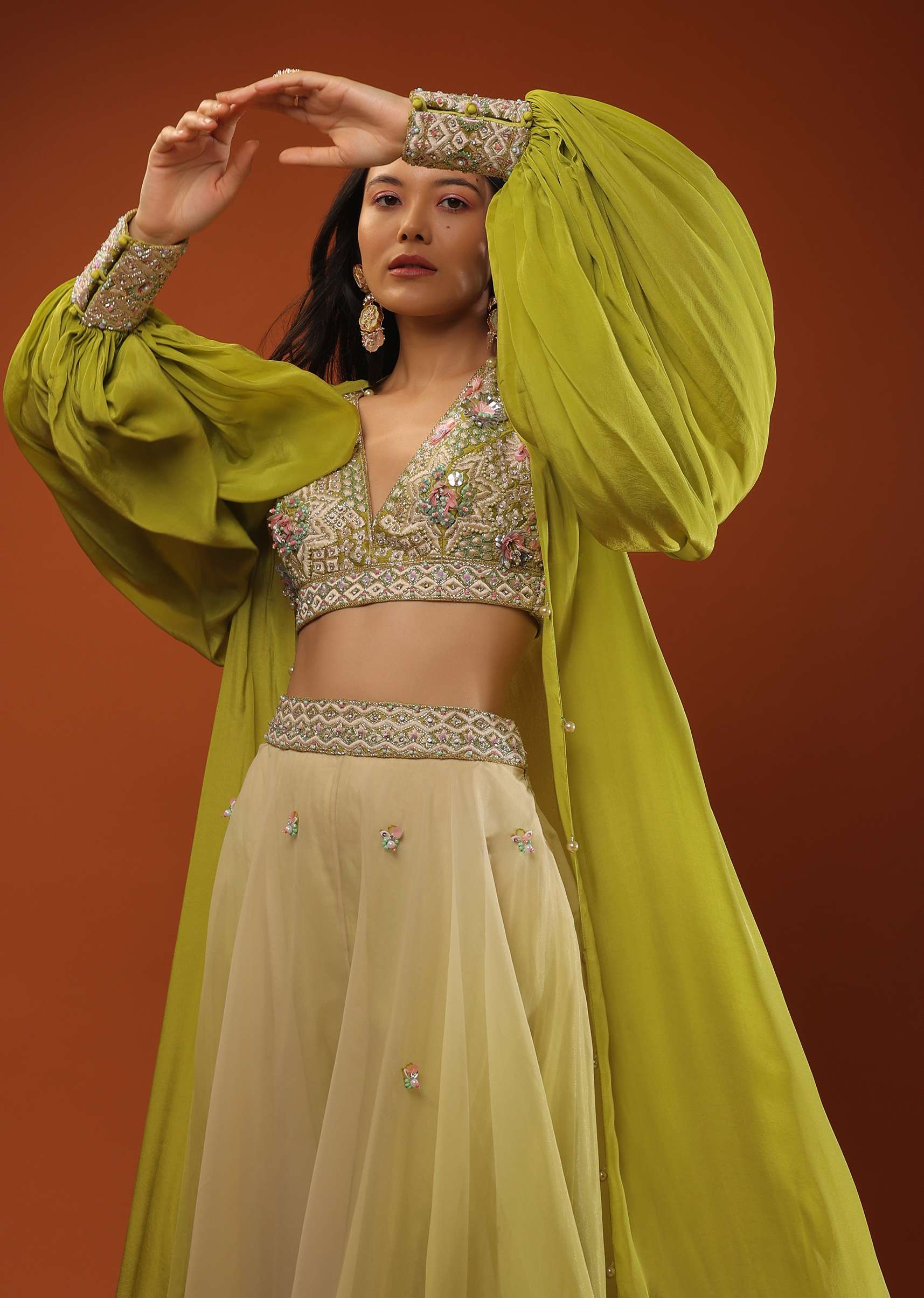 Citrus Green Palazzo Set With A Crop Top In Mirror Work Floral Embroidered Butttis - Image 10