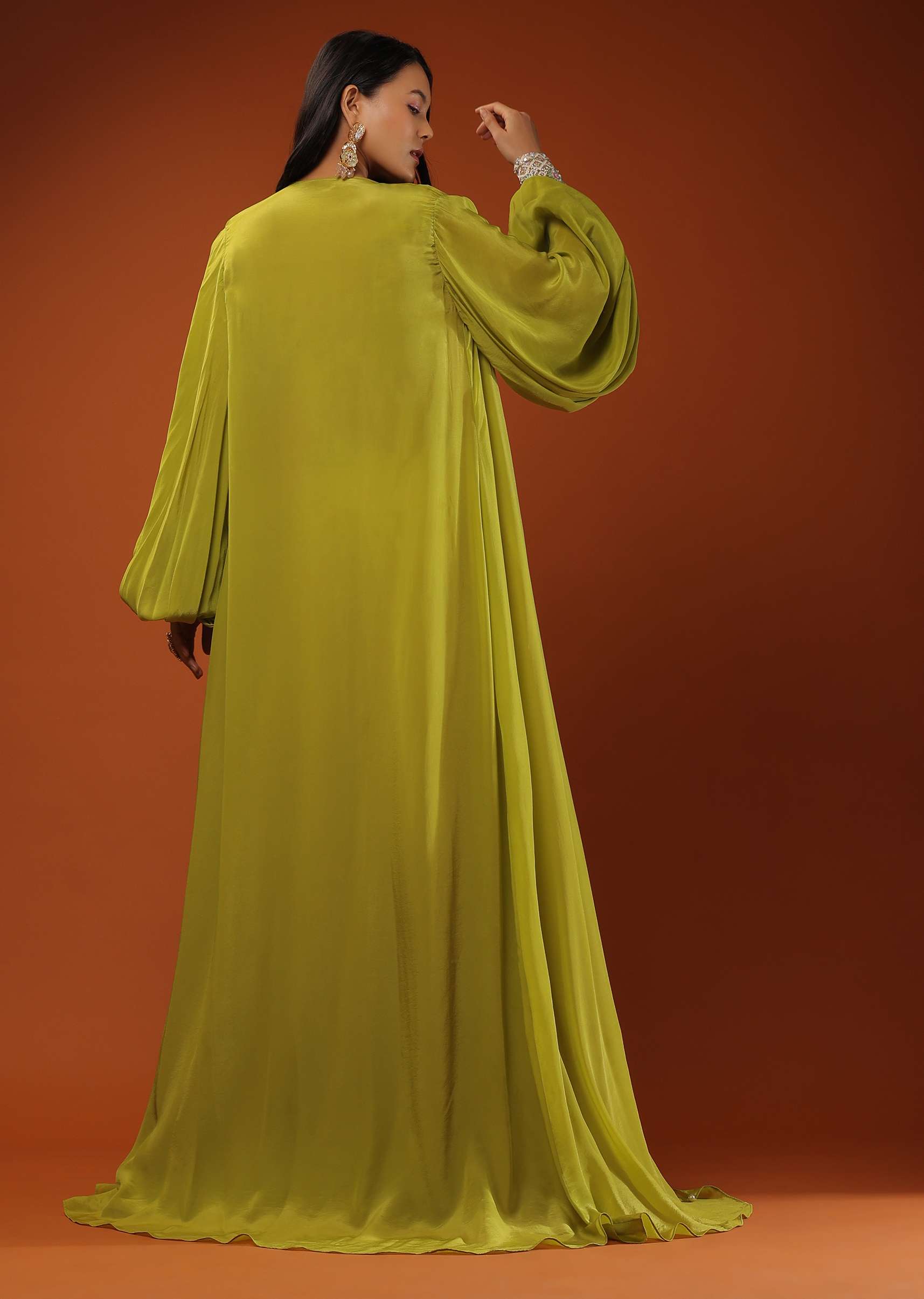 Citrus Green Palazzo Set With A Crop Top In Mirror Work Floral Embroidered Butttis - Image 12
