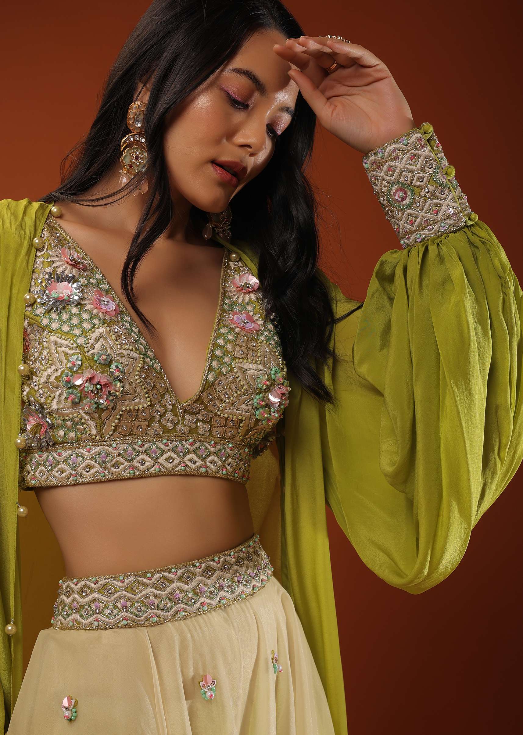 Citrus Green Palazzo Set With A Crop Top In Mirror Work Floral Embroidered Butttis - Image 7