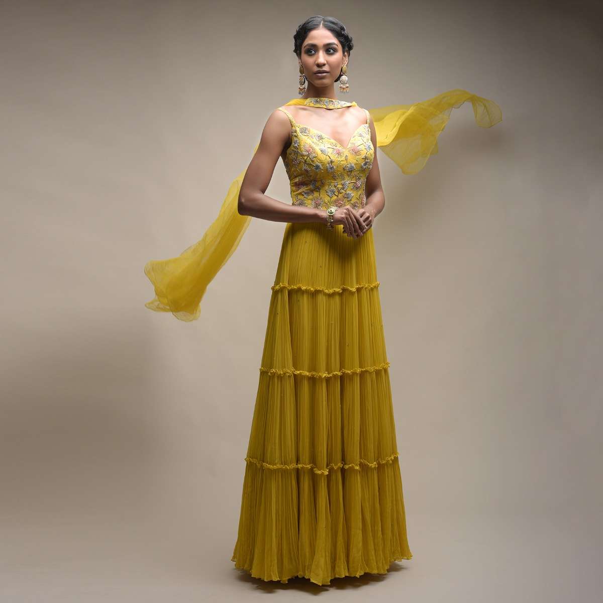 Citrus Indowestern Tiered suit In Georgette With Resham And Beads Embroidered Floral Pattern - Image 2