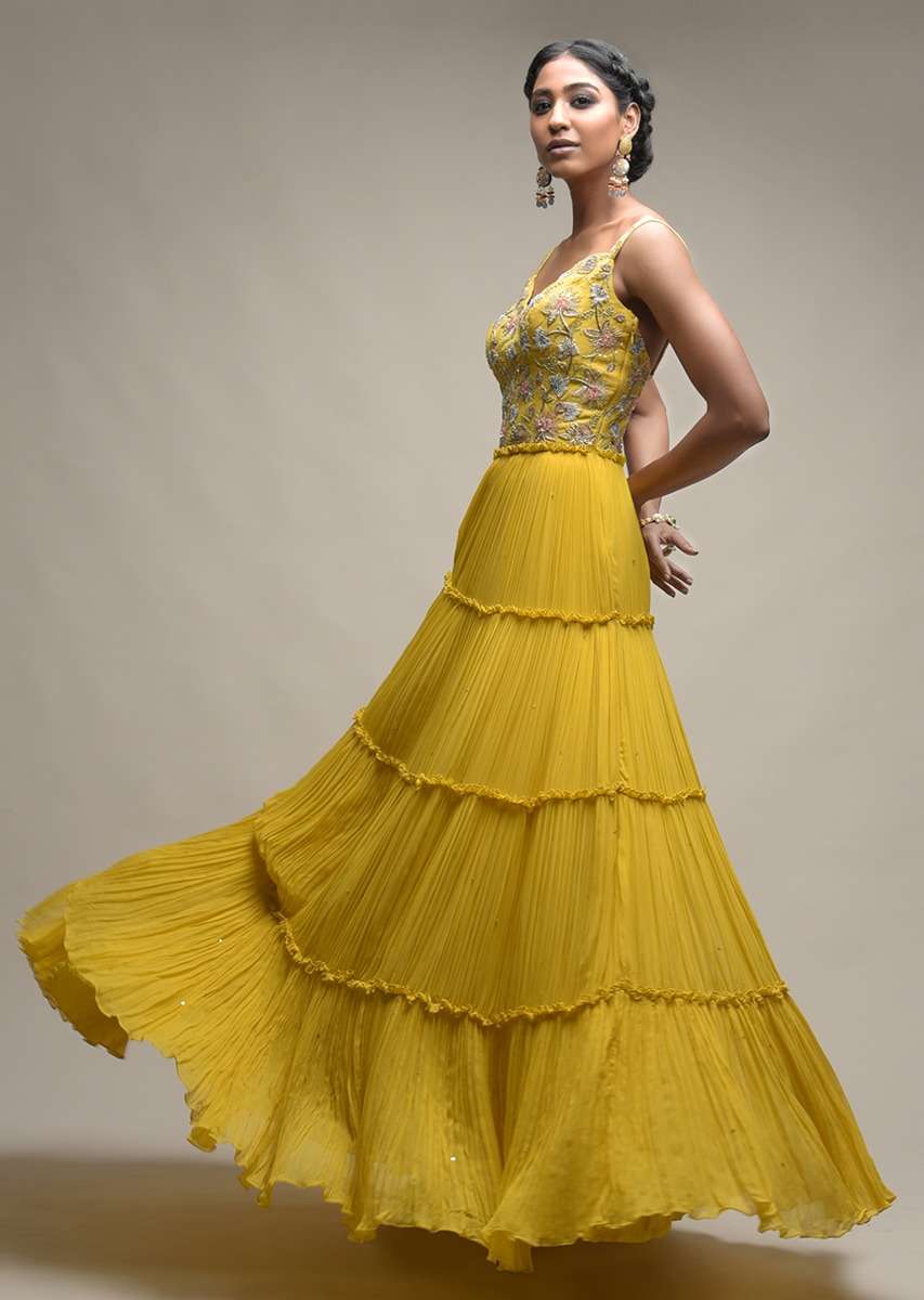Citrus Indowestern Tiered suit In Georgette With Resham And Beads Embroidered Floral Pattern - Image 3