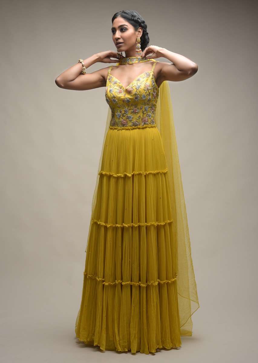 Citrus Indowestern Tiered suit In Georgette With Resham And Beads Embroidered Floral Pattern - Image 4