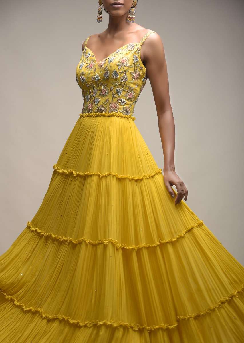 Citrus Indowestern Tiered suit In Georgette With Resham And Beads Embroidered Floral Pattern - Image 6