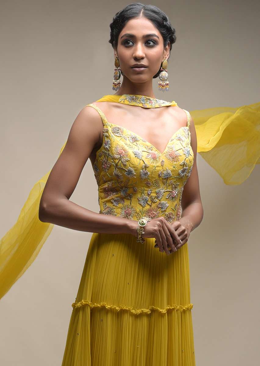 Citrus Indowestern Tiered suit In Georgette With Resham And Beads Embroidered Floral Pattern - Image 7