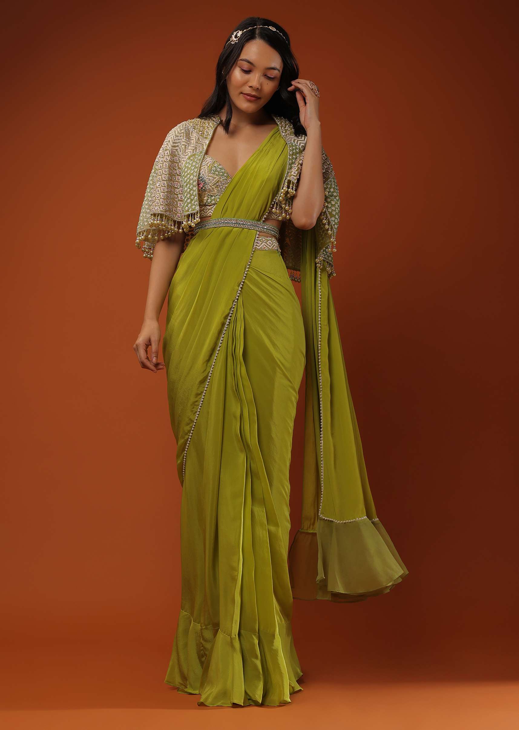 Citrus Green Ready Pleated Crepe Saree with Net Cape and V-Neck Crop Top with Hemline Cut Out - Image 3