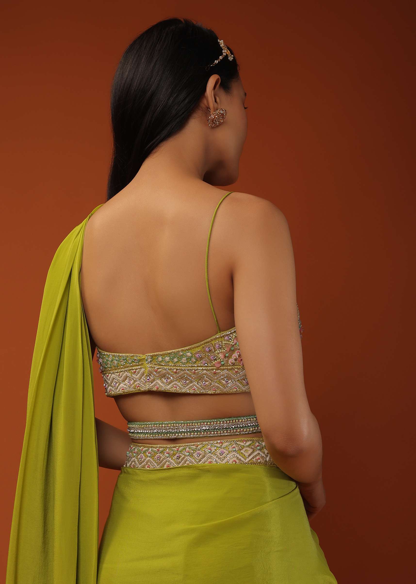 Citrus Green Ready Pleated Crepe Saree with Net Cape and V-Neck Crop Top with Hemline Cut Out - Image 4