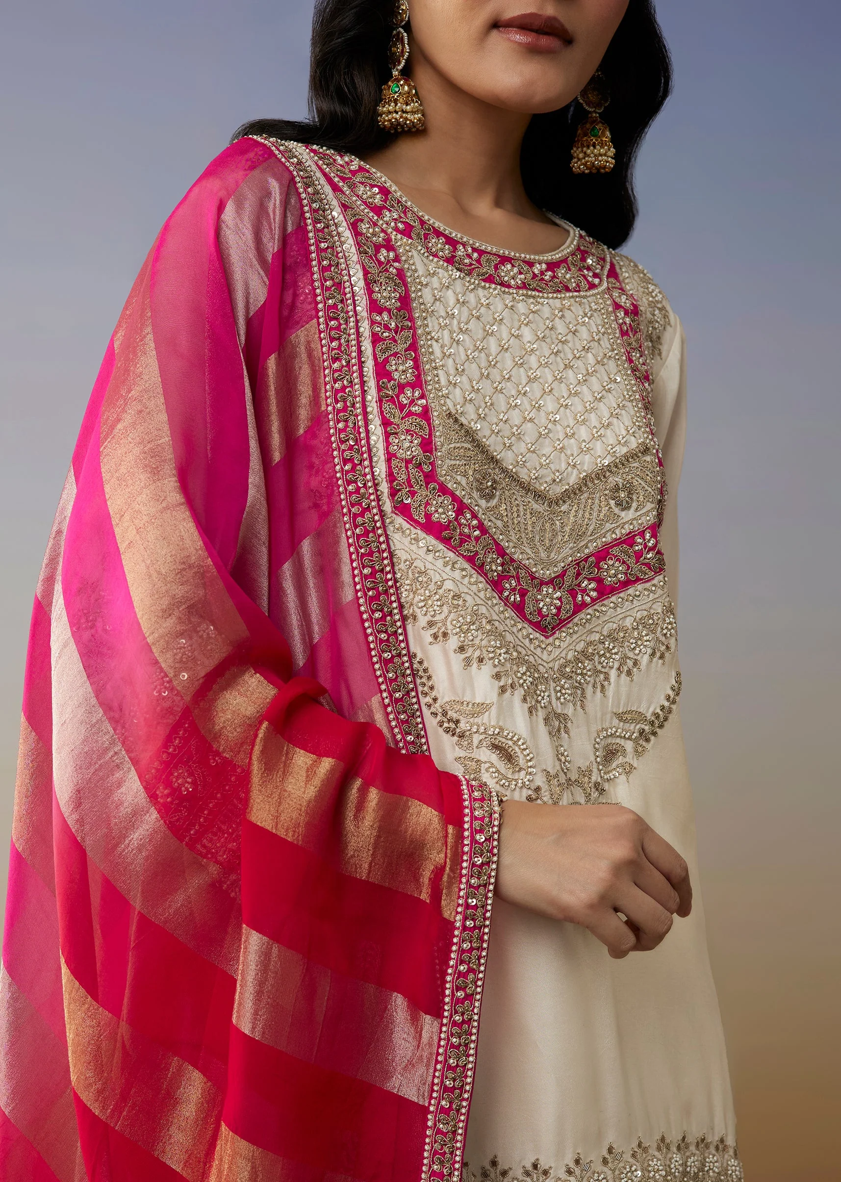 Classic Festive Couple Set – White Silk Palazzo Suit With Moti Zardosi Work For Her And Pink Silk Kurta Set With Mirror And Thread Work For Him - Image 2