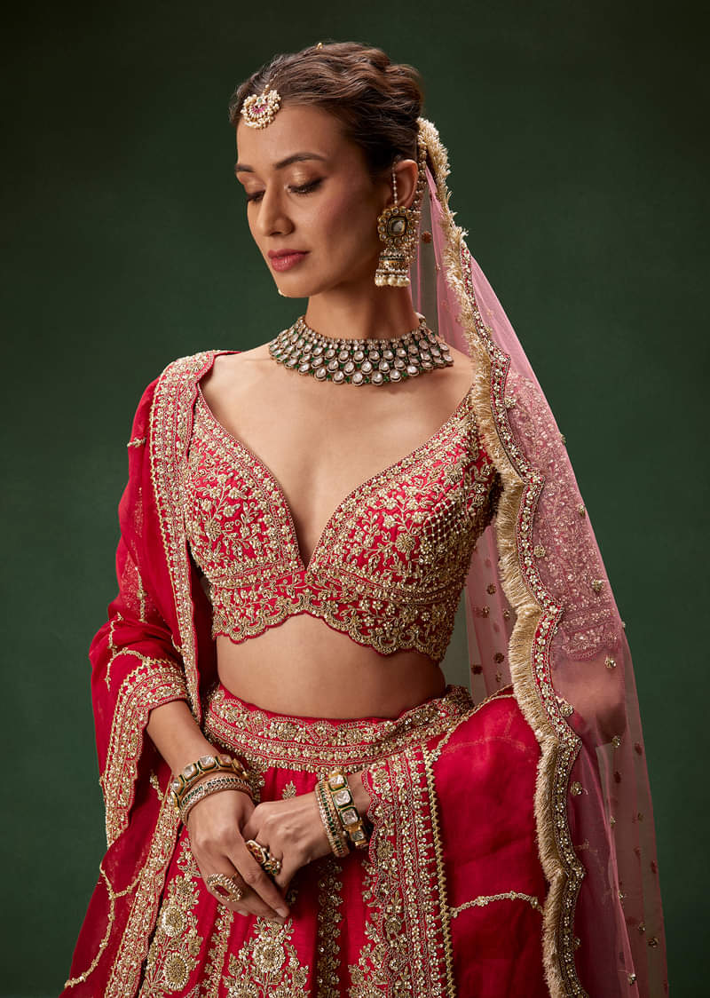 Classic Red Bridal Lehenga With All Over Zari And Dori Embroidery - Image 3