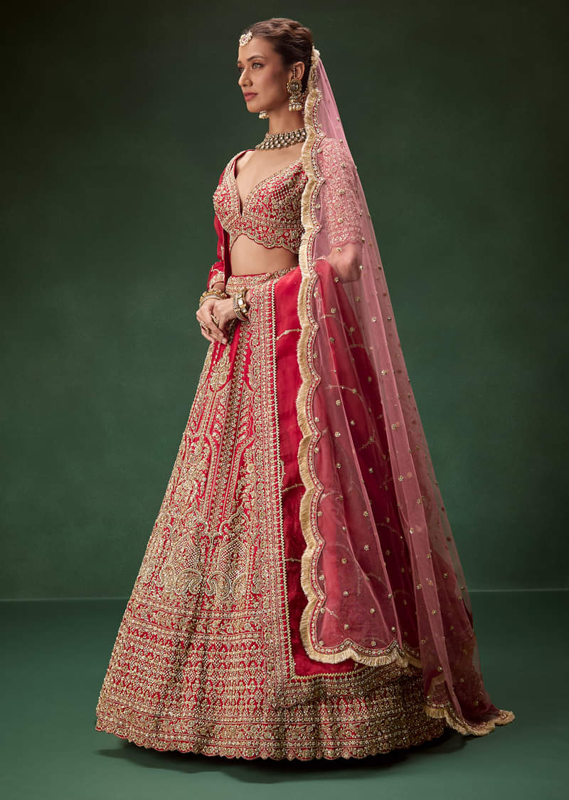Classic Red Bridal Lehenga With All Over Zari And Dori Embroidery - Image 4